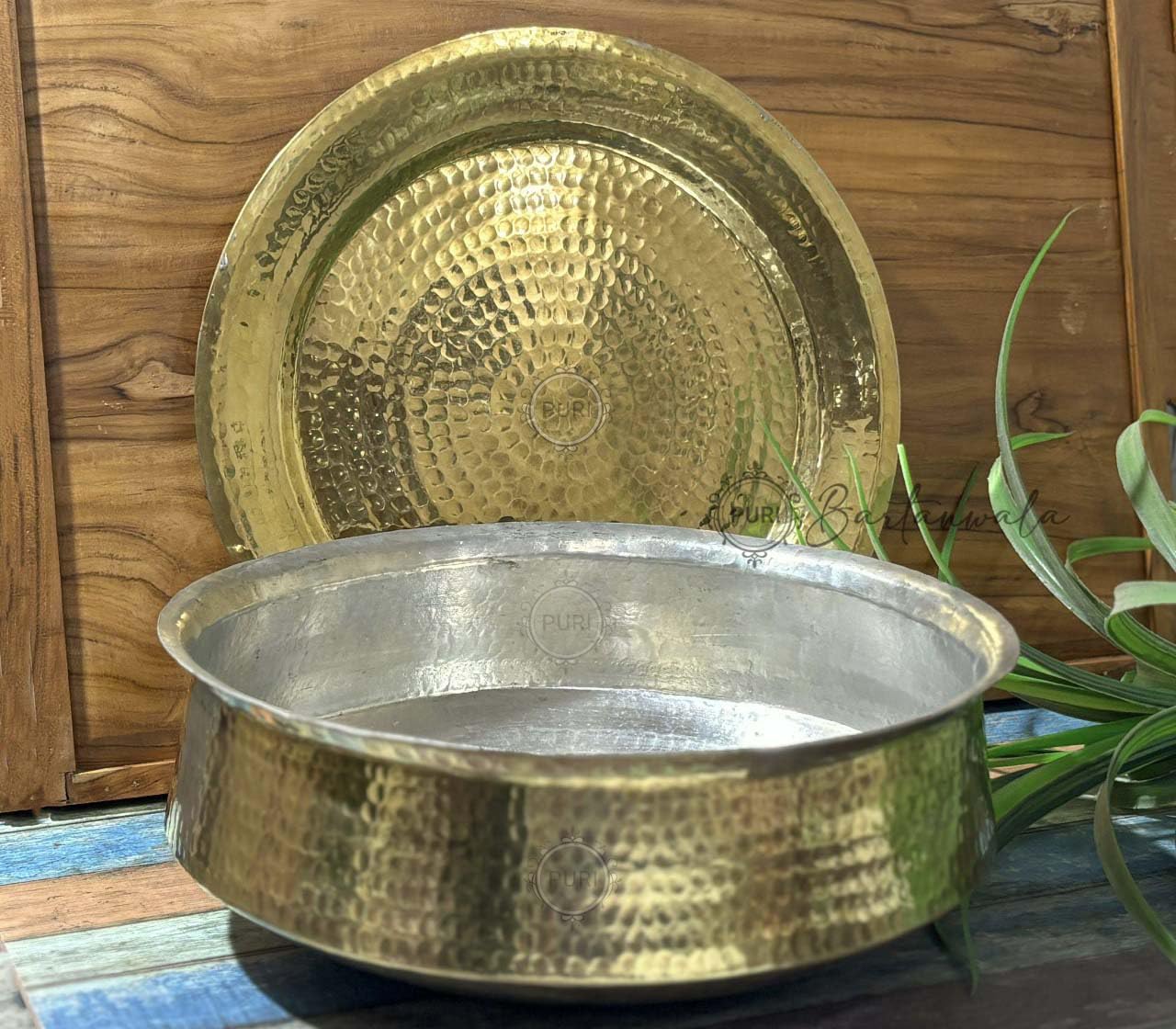 Puri  Brass/Pital Non Stick Lagan For Cooking 14 Inch With Lid And Tin/Kalai Plating Inside  Handcrafted (Suitable Size To Coo