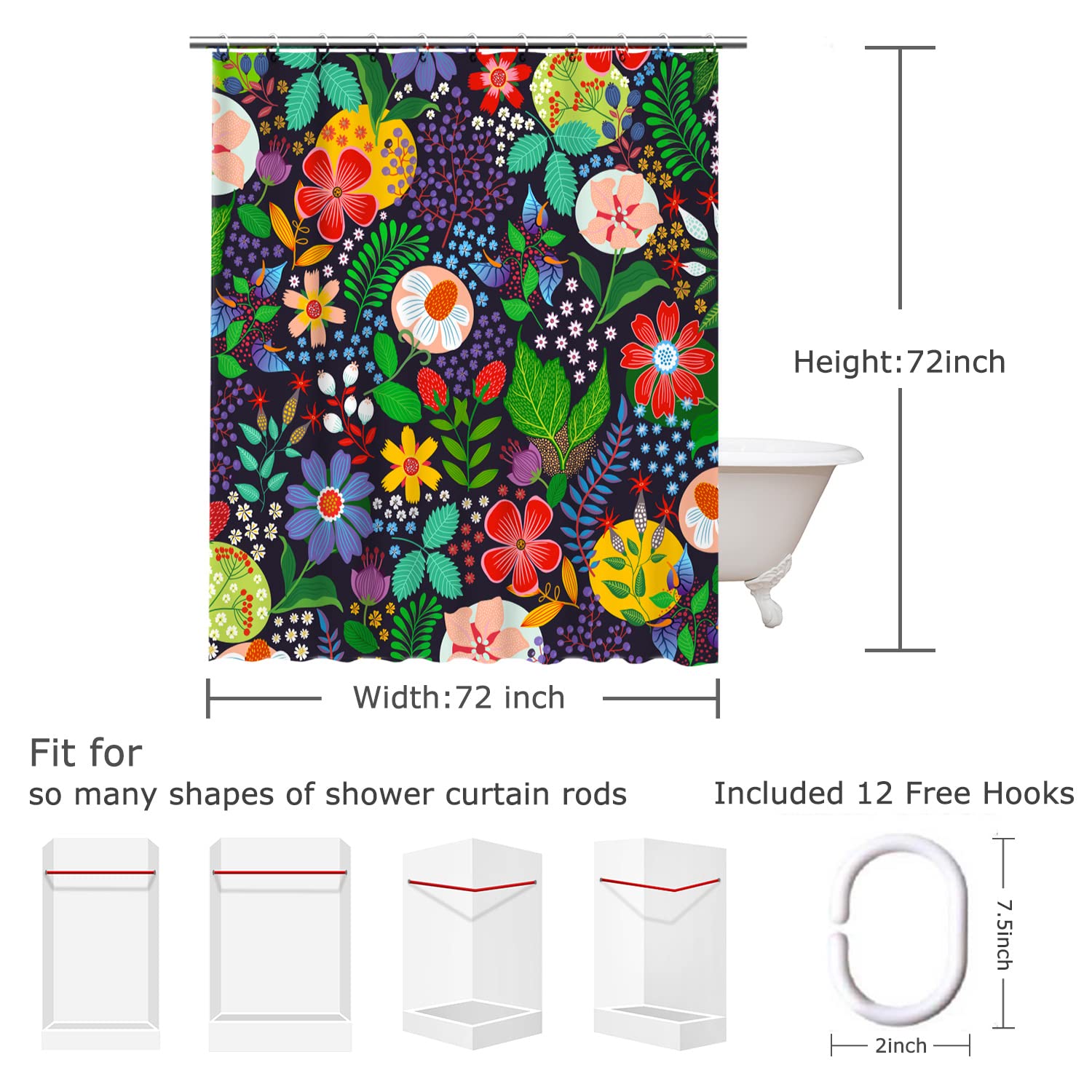 Livilan Floral Shower Curtain Flower Shower Curtain Colorful Shower Curtain Boho Black Floral Dark Shower Curtain Unique Bohemia