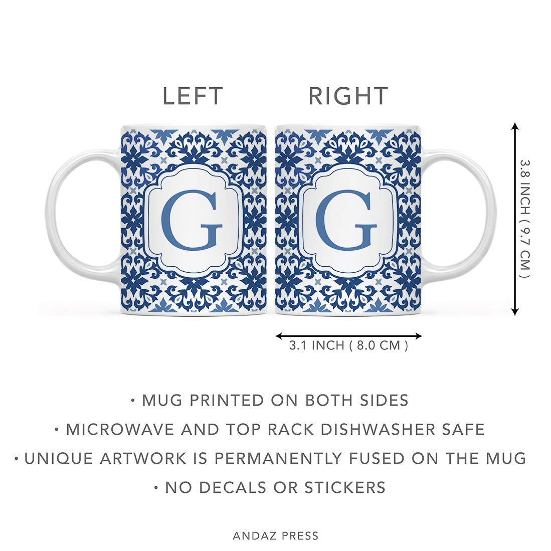 Andaz Press 11oz. Ceramic Coffee Tea Mug Gift, Moroccan Monogram Initial Letter G, 1-Pack, for Her, Birthday Christmas Ideas, Mo