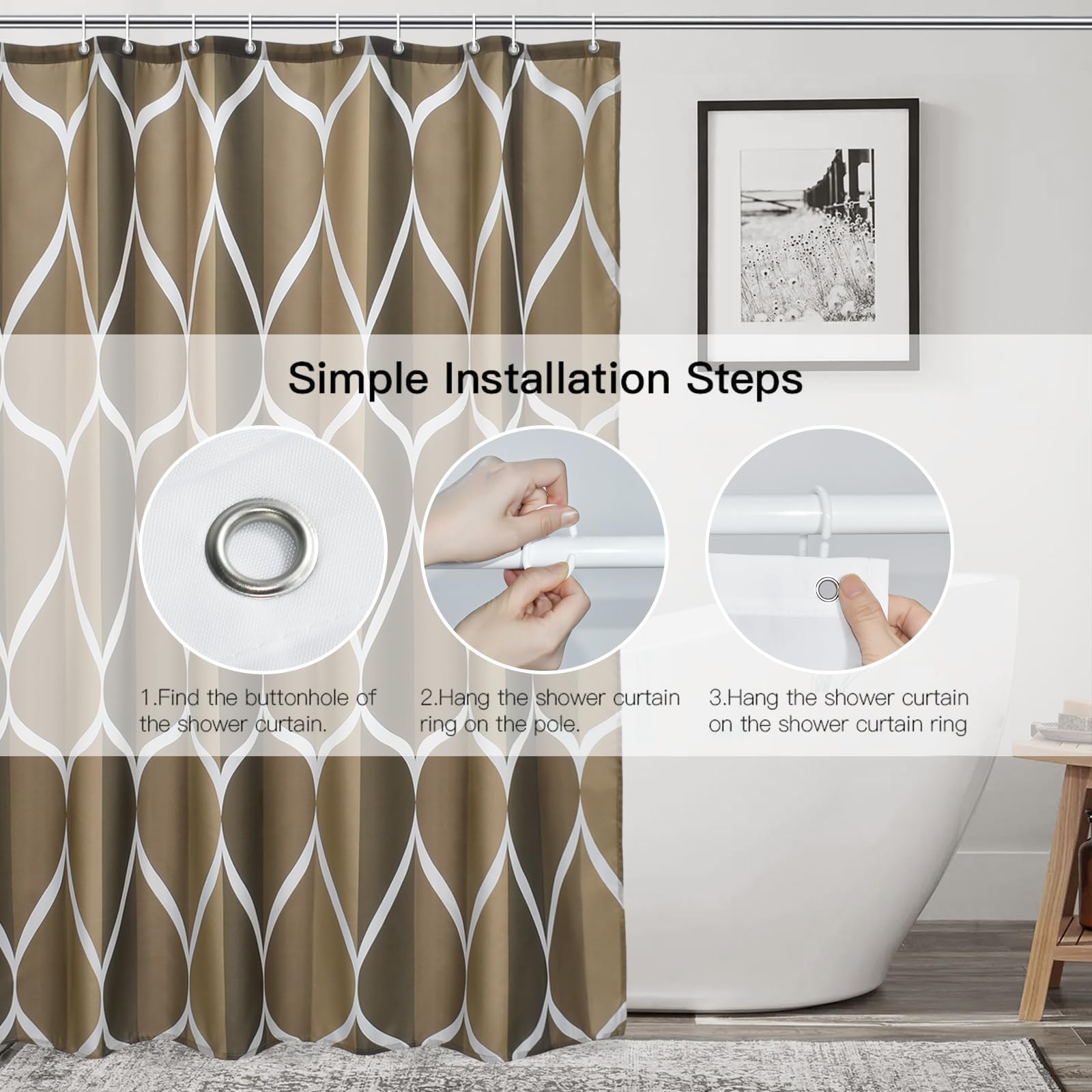 Gelbchu Brown Geometric Shower Curtain  Waterproof Design and Polyester  Quick-Drying  Weighted Hem  Brown Fabric Shower Curtains Set for Bathroom W 72 x H 72  Durable and Washable with 12 Hooks