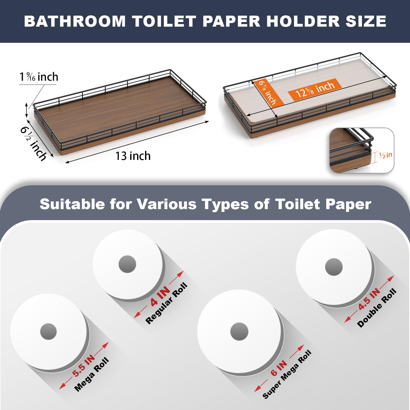 Focusonit Oak Bathroom Toilet Tank Tray, 13'' Wood Back Of Toilet Paper Storage Tank Topper Basket, Vanity Tray For Perfume Make