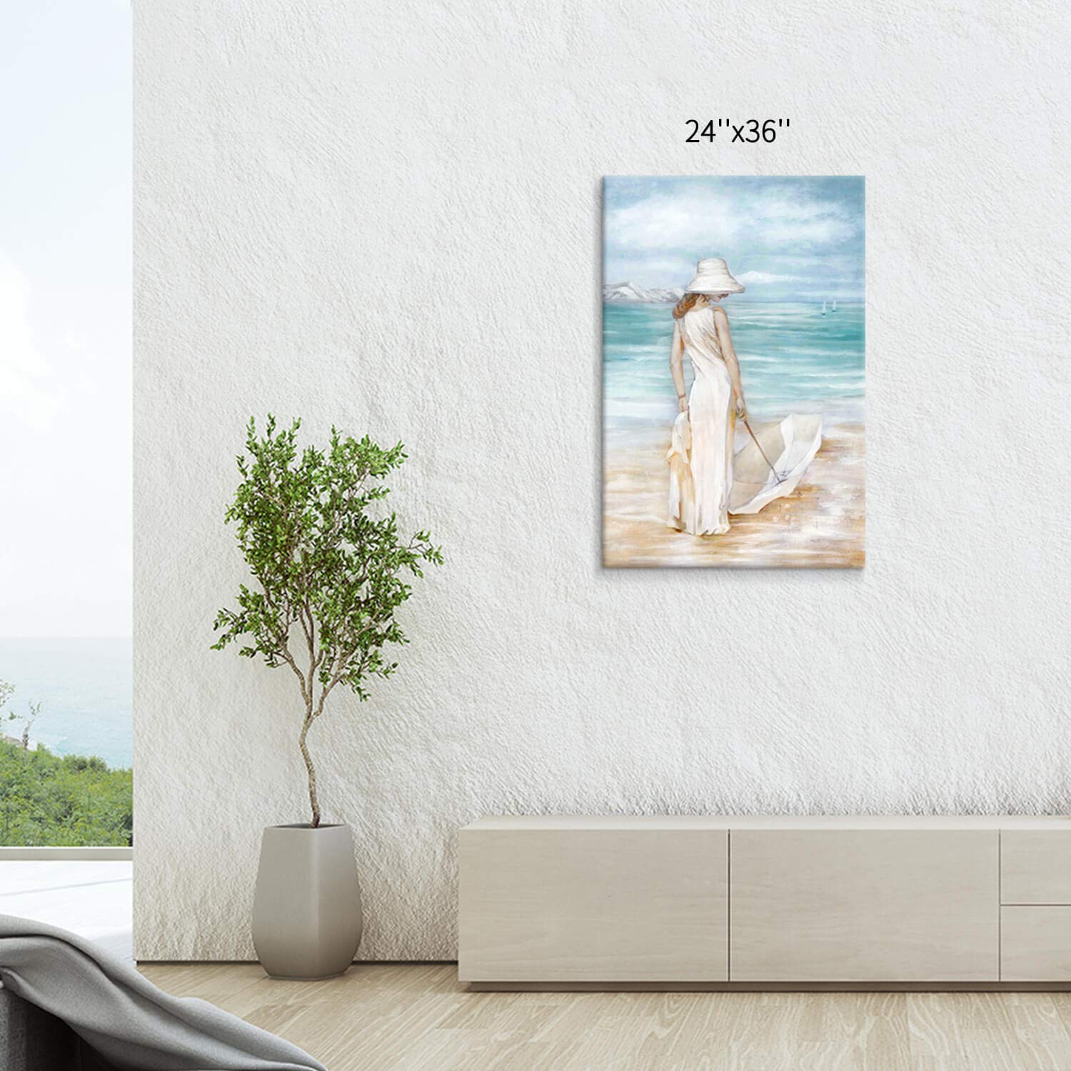 Abstract Beach & Girl Artwork Picture: Blue Seascape Painting Coastal Wall Art On Canvas For Living Room (24    X 36    X 1 Pane