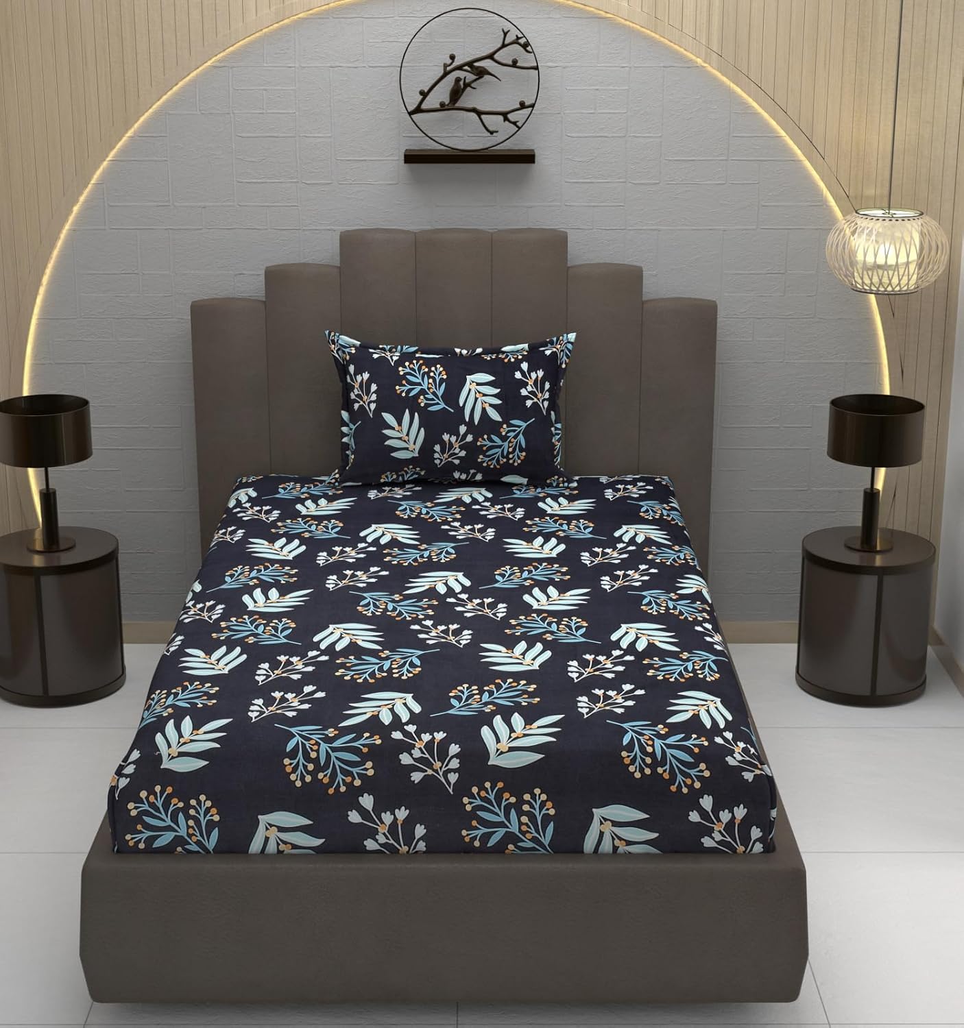 Kawi Single Bedsheet Elastic Fitted 72X48X6 Inches Glace Cotton With 1 Pillow Cover (72X 48Xup To 8 Inche Mattress) Blue Colour