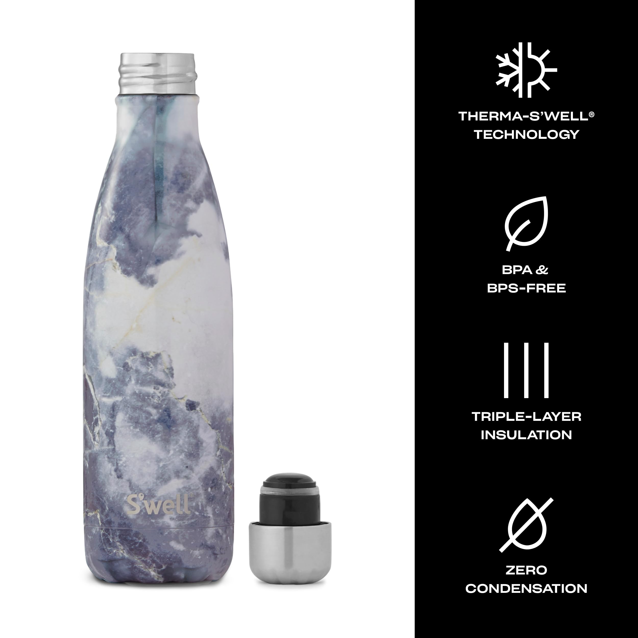 S'Well Stainless Steel Water Bottle, 17Oz, Blue Granite, Triple Layered Vacuum Insulated Containers Keeps Drinks Cold For 36 Hou