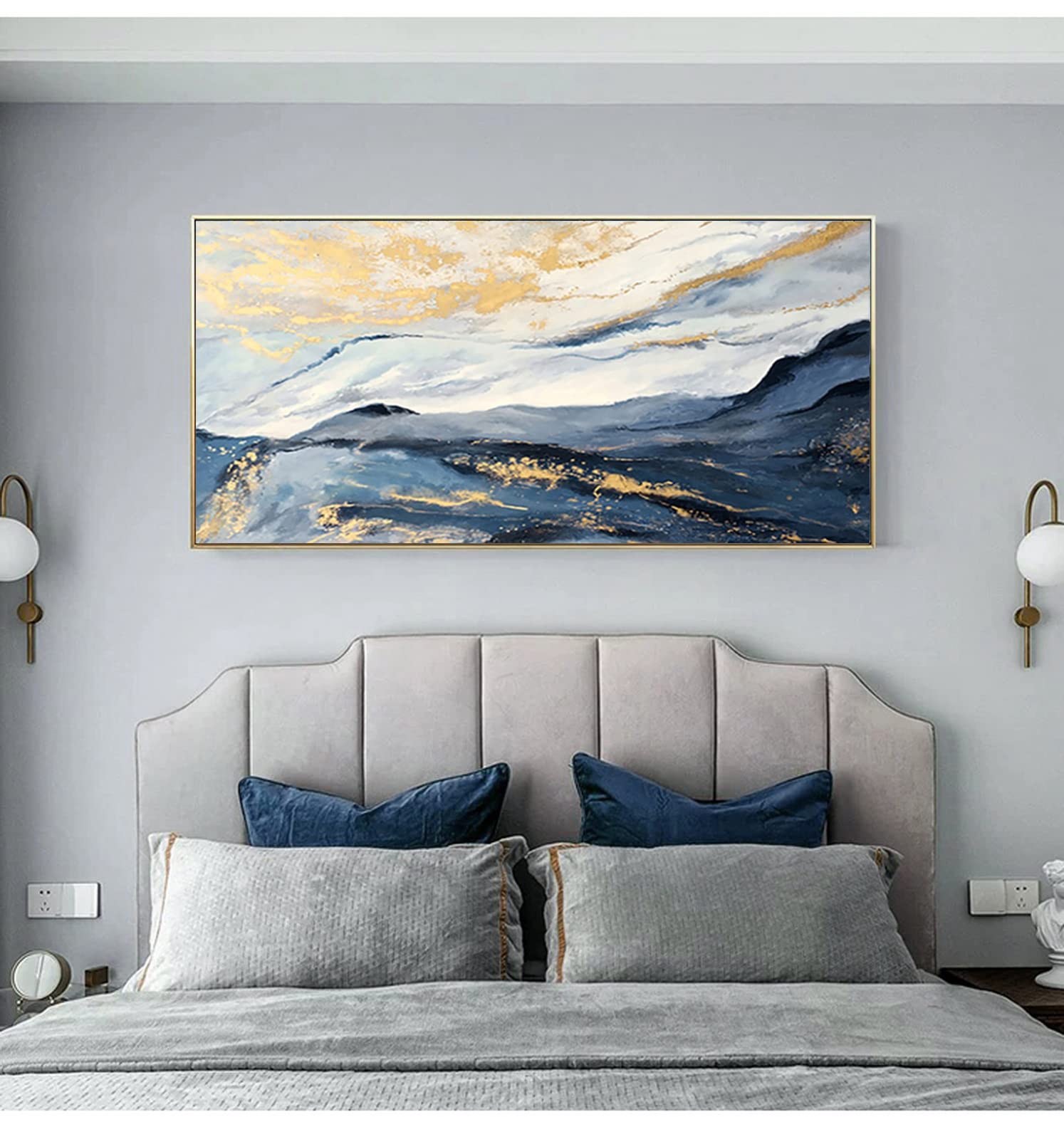 Blue And Gold Abstract Canvas Art Wall For Living Room-Framed Blue Mountain Oil Painting For Bedroom -Modern Landscape Wall Deco