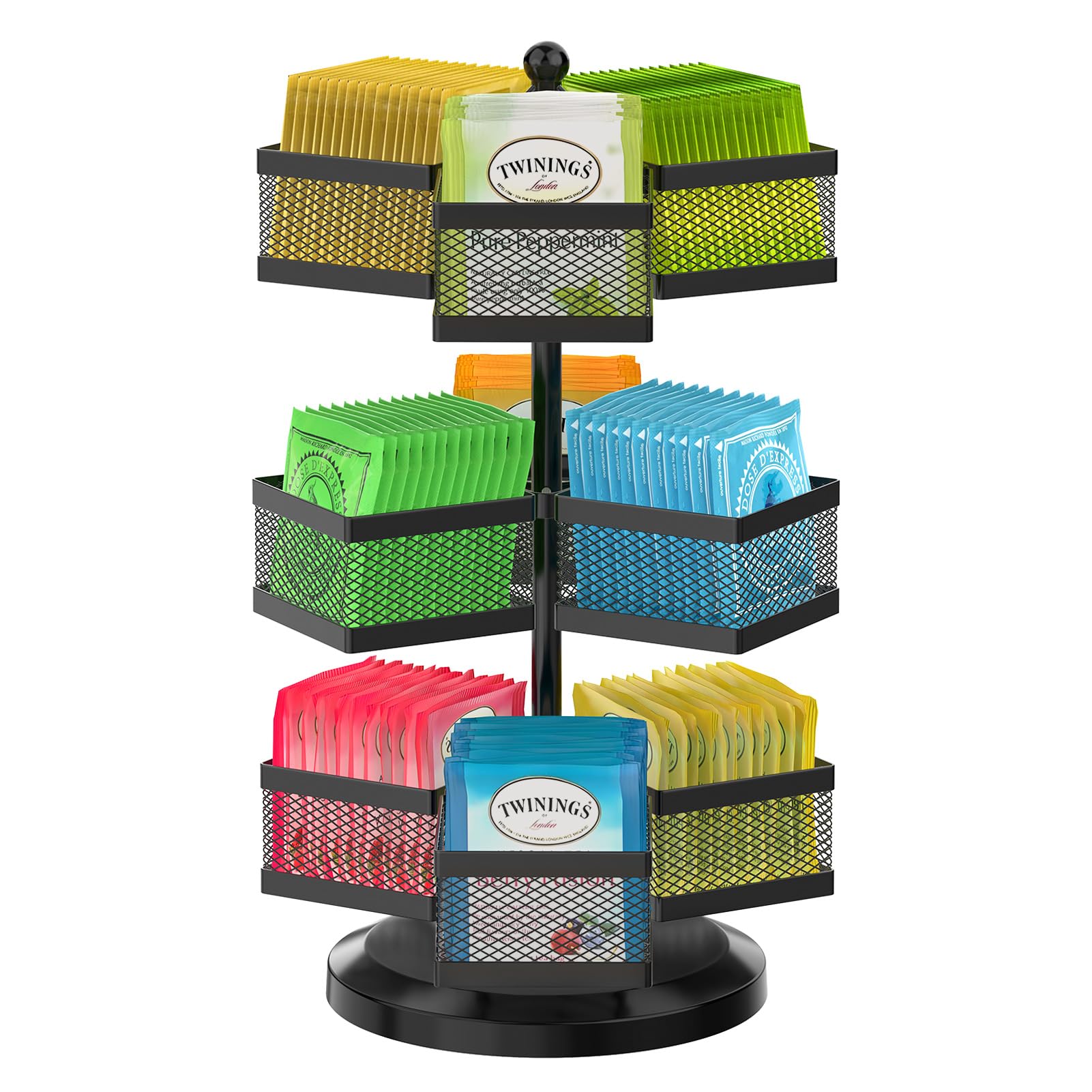 Idavosic.Ly 3 Tier Tea Bag Organizer, Tea Packet Storage Holder Spinning Carousel With 9 Compartments, Rotating Metal Tea Bag Ca