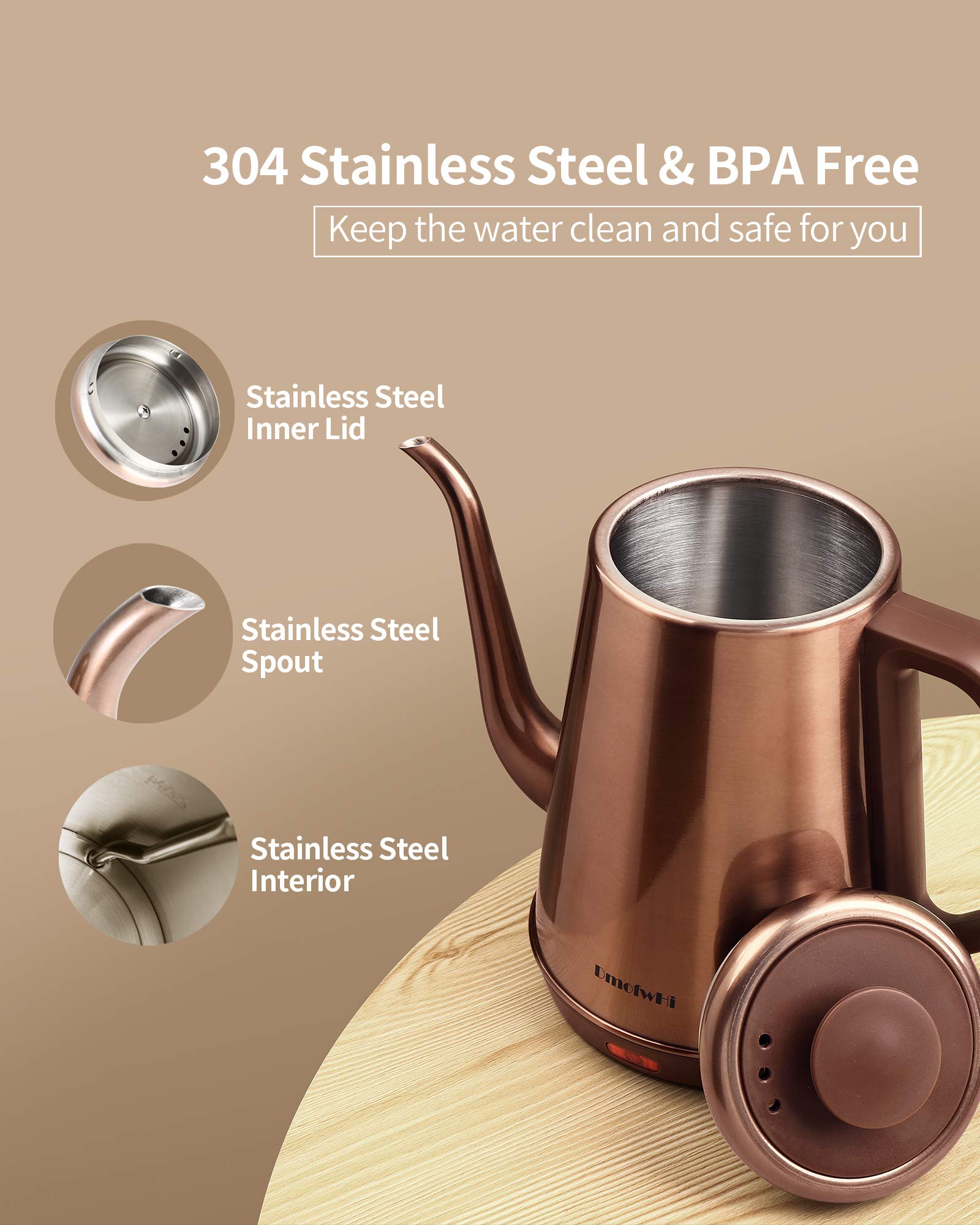 DmofwHi 1000W Gooseneck Electric Kettle, 1.0L Stainless Steel, Copper, Auto Shut-Off, Model D-GNK902B