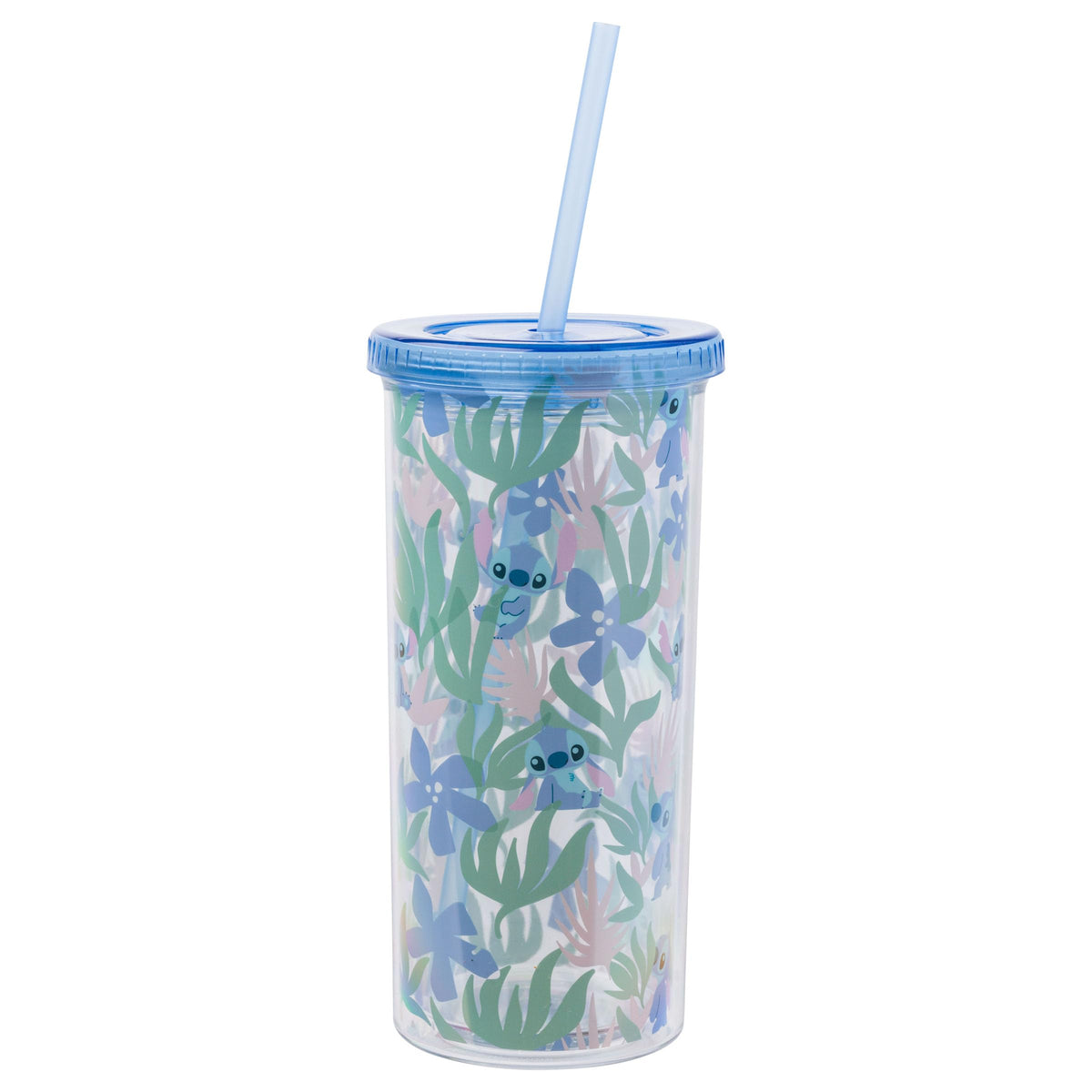 Silver Buffalo Disney Lilo And Stitch Cute Floral And Leaves Pattern Plastic Tall Cold Cup With Lid And Straw, 20 Ounces