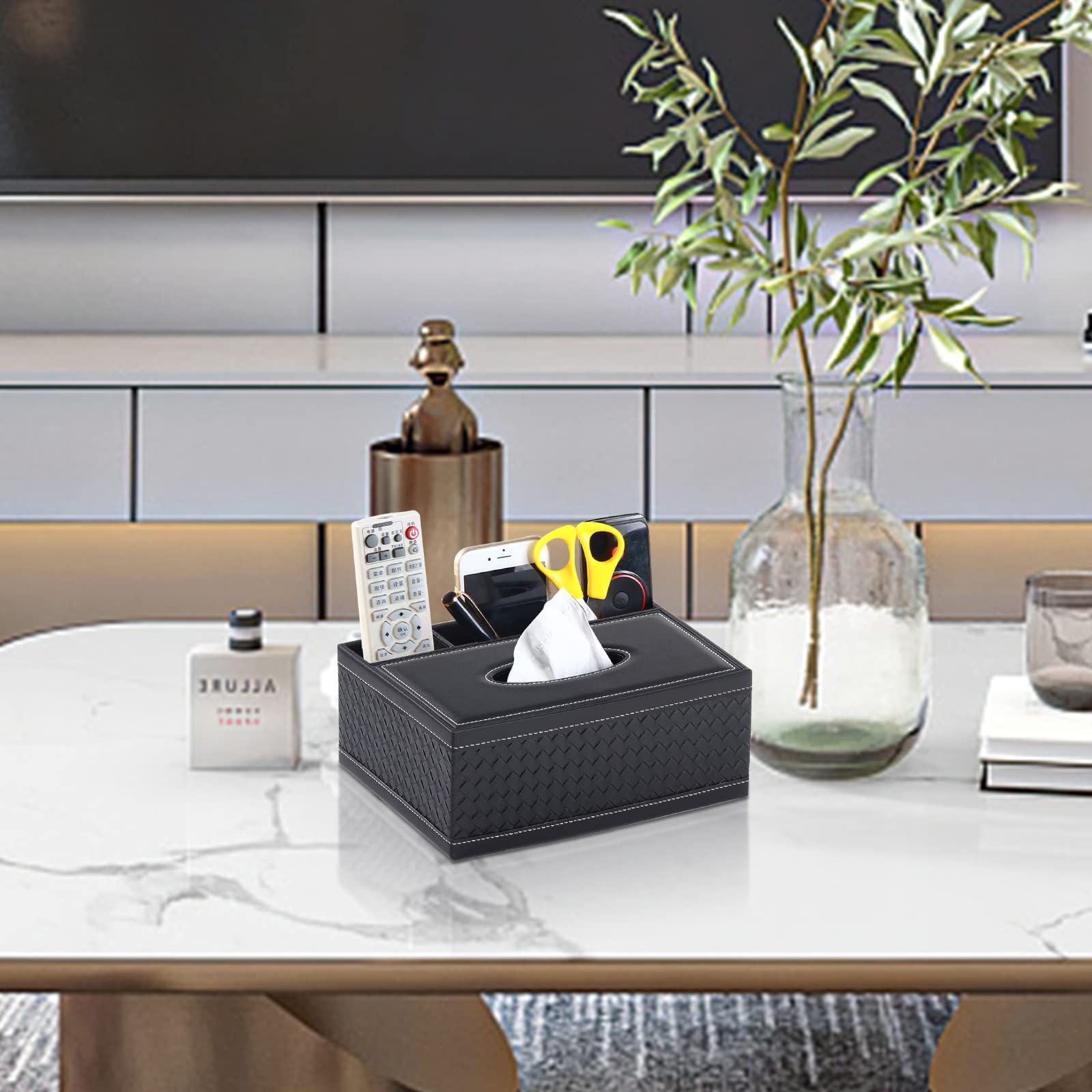 Xnone Tissue Box Cover Rectangle Black Kleenex Box Holder Pu Leather Facial Tissue Organizer,Multifunctional Remote Control Stat