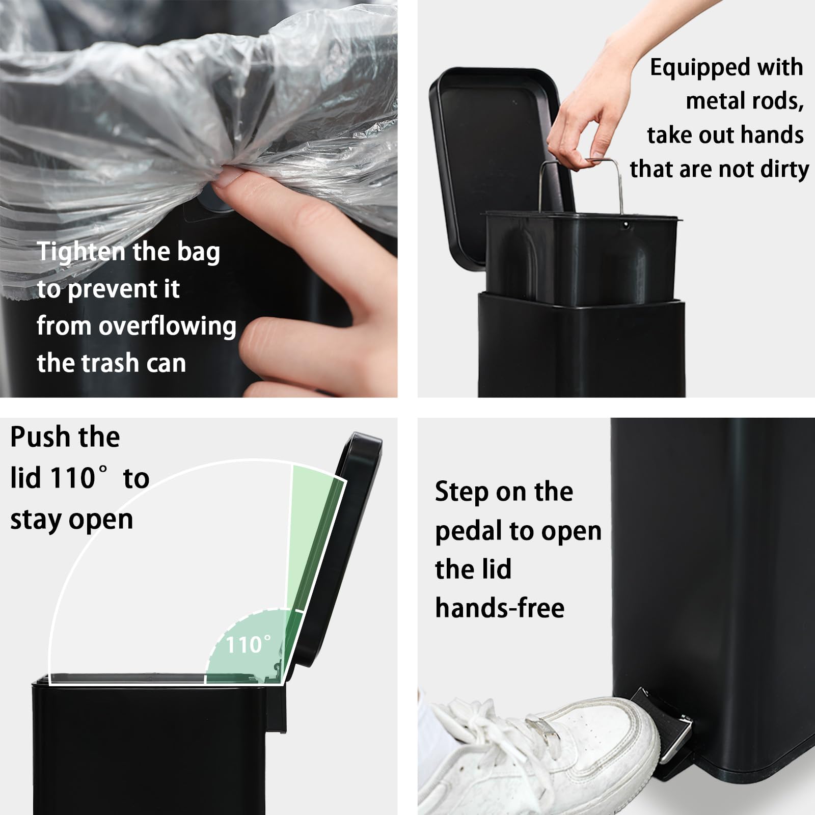 Cq Acrylic Rectangular Small Steel Step Trash Can Wastebasket,Black Stainless Steel Bathroom Slim Profile Trash Can,5 Liter/1.3