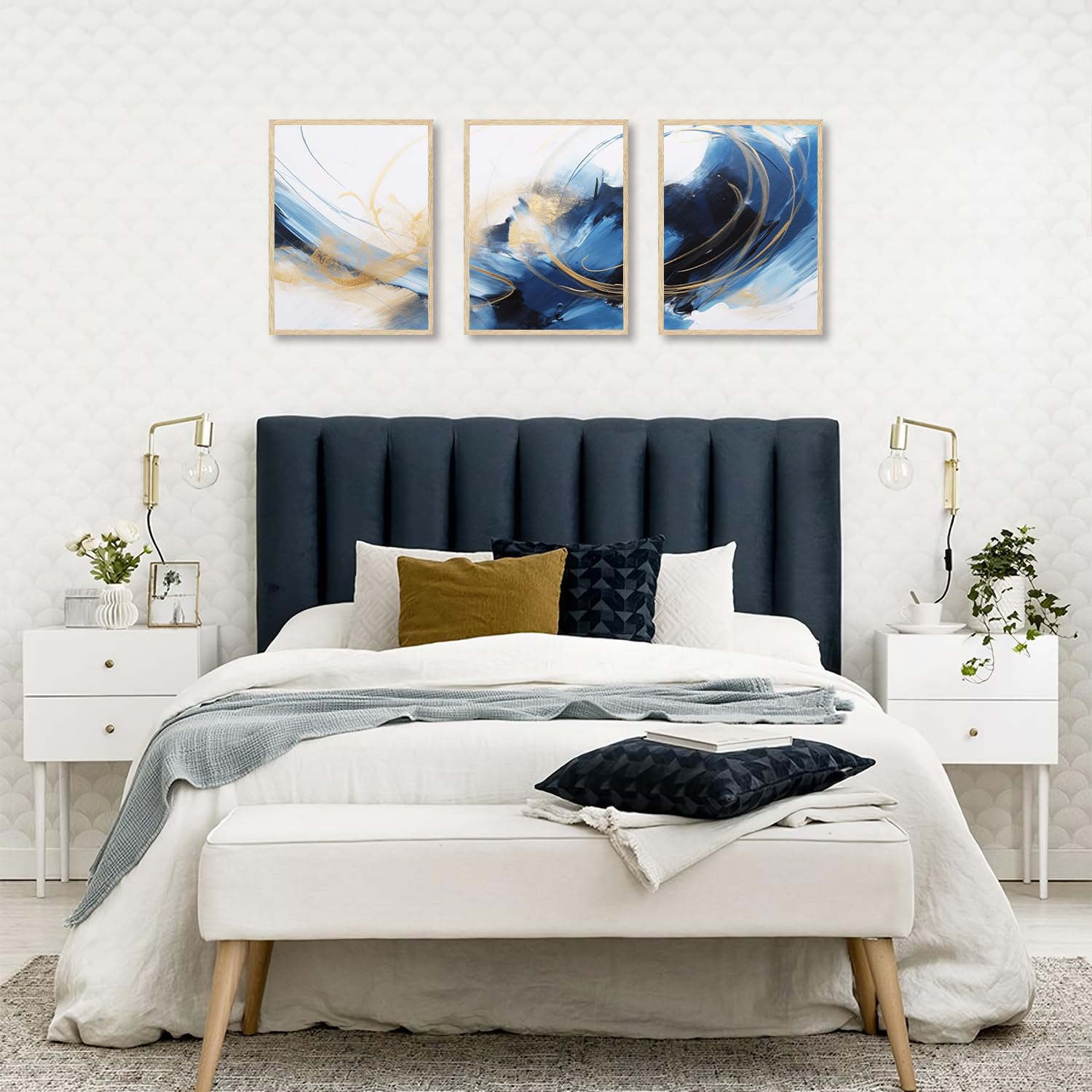 Dazzlewall 3 Pcs Blue And Gold Abstract Wall Art Modern Contemporary Wall Decor Fantasy Graffiti Artwork Aesthetic Splash Ink Pa