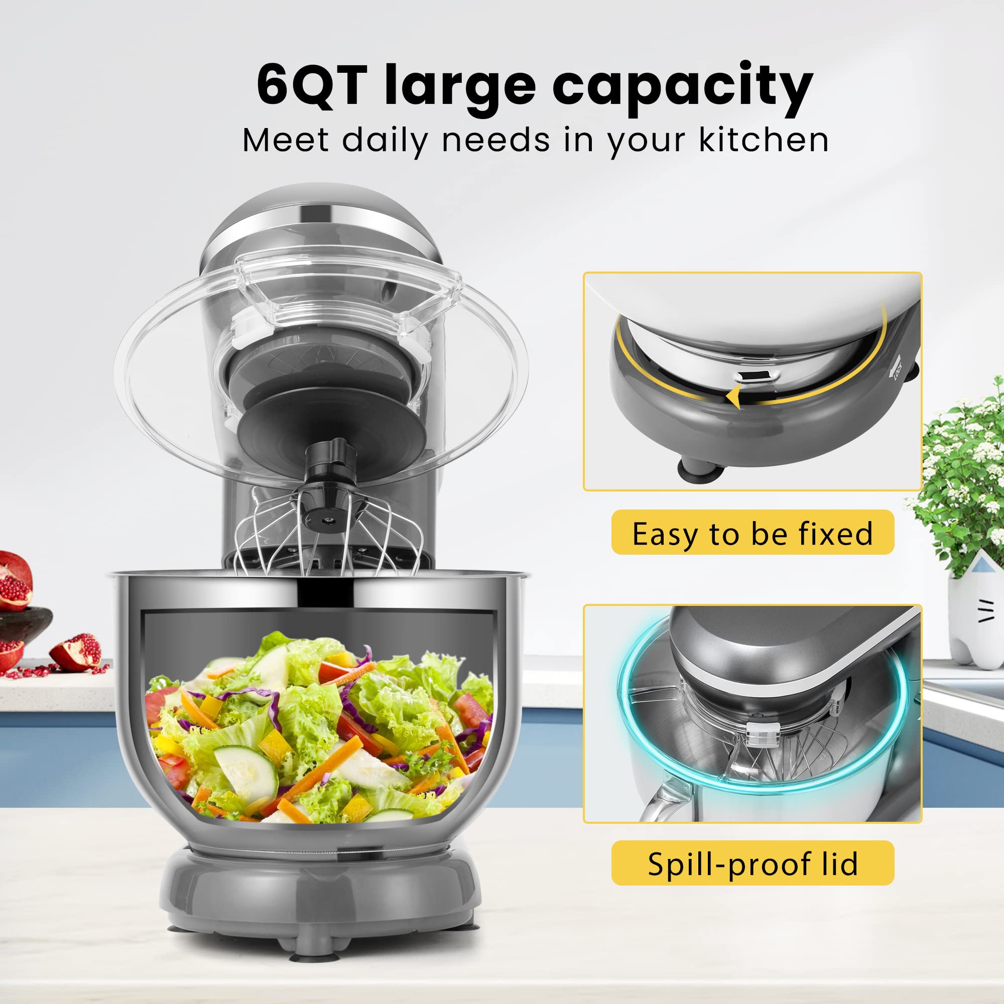 VIVOHOME 660W Stand Mixer, 10-Speed 6QT Electric Kitchen Mixer, Gray, Model VH291-GY with Beater, Dough Hook, Wire Whip, Egg Separator