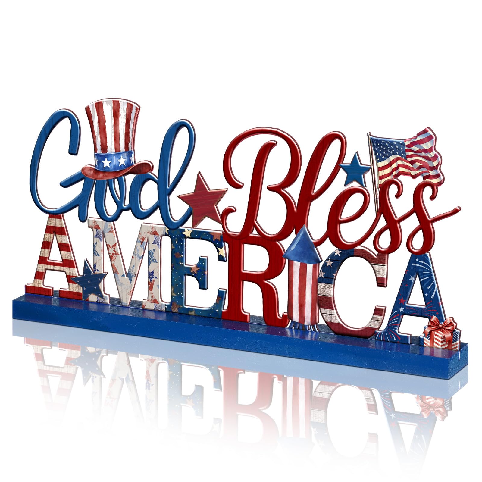 Cinnvoice Memory Day Decoration 4th of July Patriotic Table Sign Farmhouse America God and Bless Table Centerpiece Letter Tiered