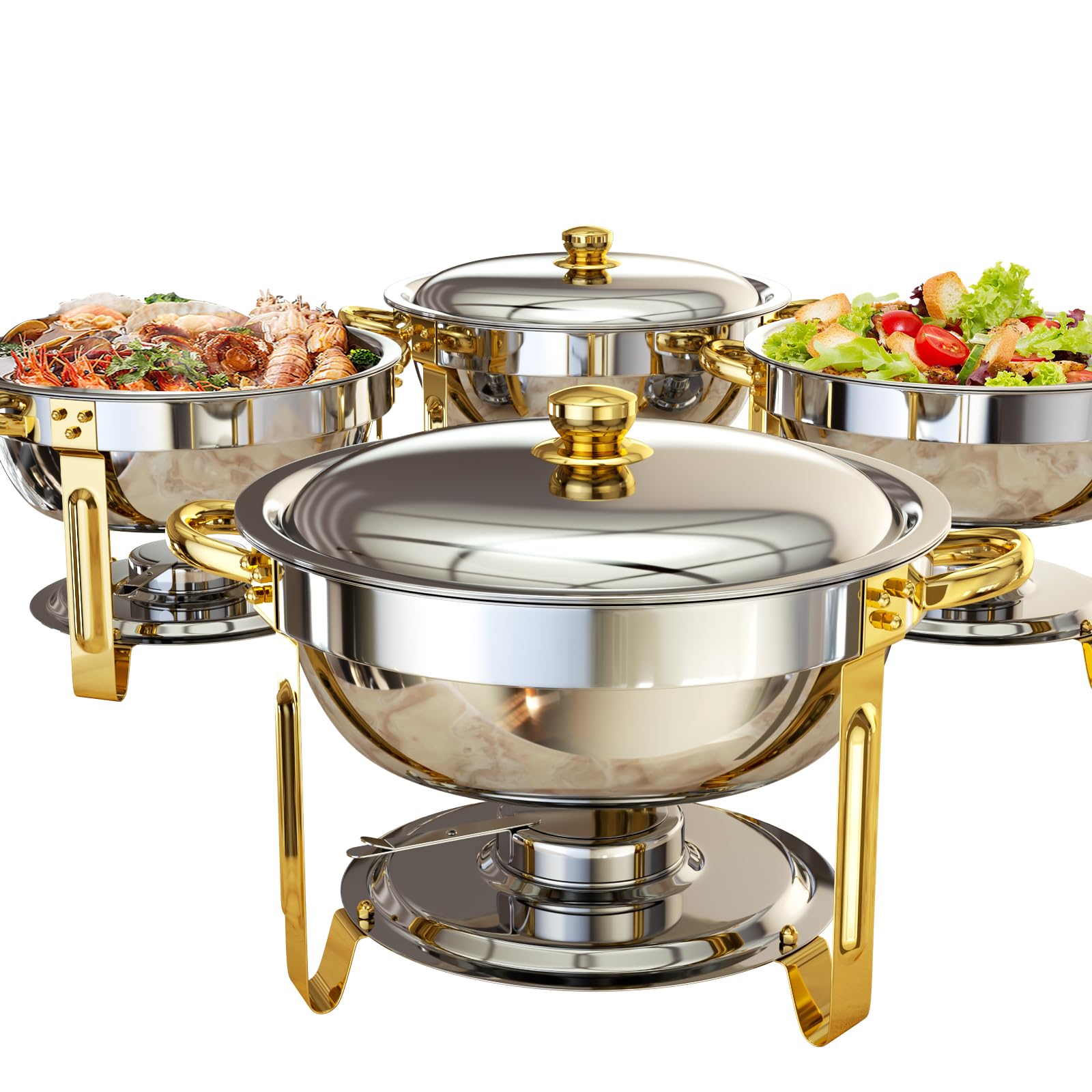 Chafing Dishes for Buffet, 4 Pack 6QT Round Chafing Dish Buffet Set [Elegant Gold and Silver Colors] Stainless Steel Buffet Serv
