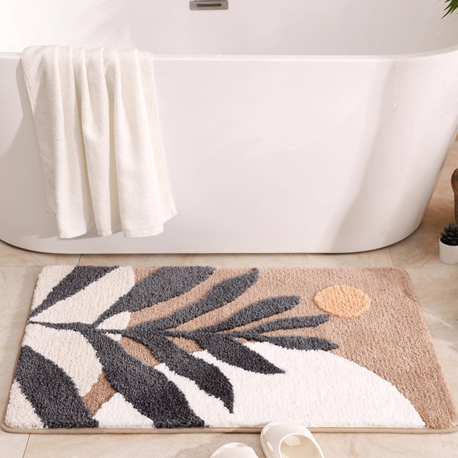 Hi Space Bath Mat Boho Bathroom Rug Non-Slip 30X20 Cute Leaf Bathroom Mat Soft Fiber Bath Rugs Absorbent Minimalistic Rugs Tropi