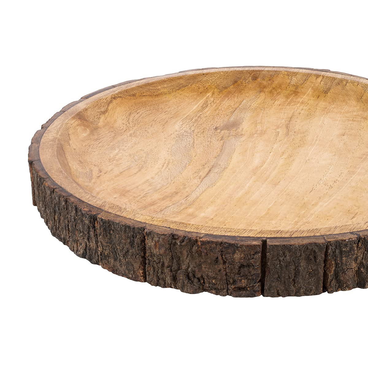 Gocraft Round Wooden Serving Platter With Tree Bark On Edges | Mango Wood Pizza Platter, Serve Board | Charcuterie Platter - 13'