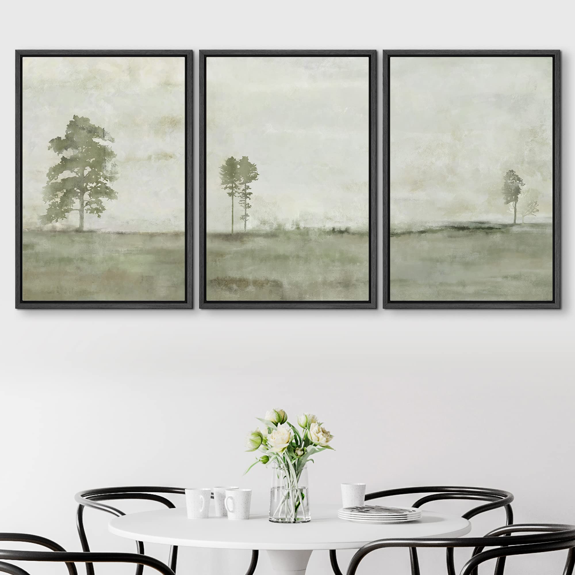 Signford Framed Canvas Print Wall Art Set Green Grunge Country Forest Tree Abstract Shapes Illustration Modern Art Decorative No