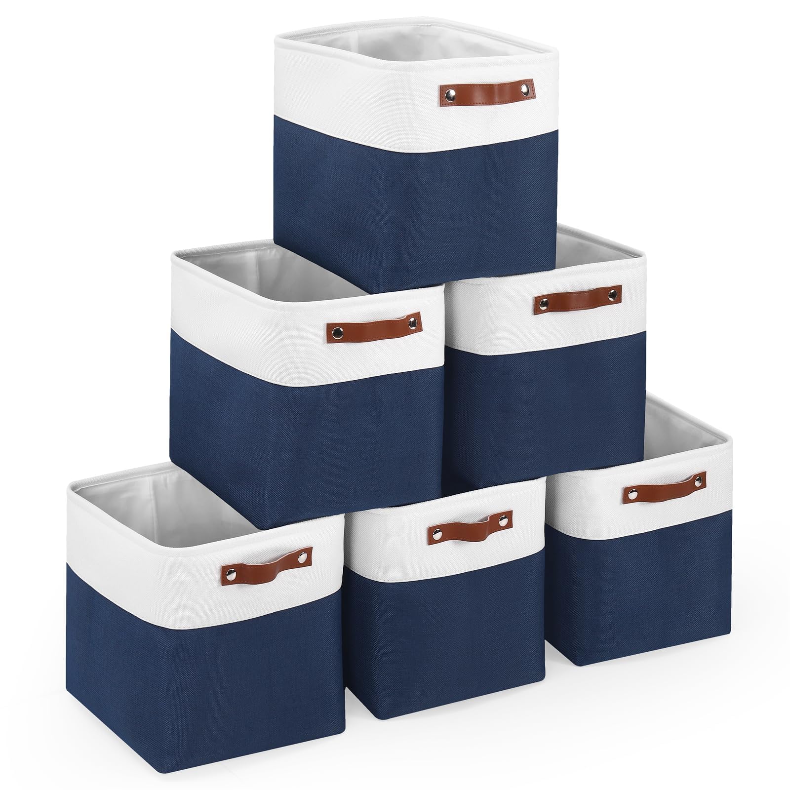 Finishingbo Cube Storage Baskets 6 Pack, 11X11 Inch Foldable Cube Storage Bins With Leather Handles For Shelf Closet Nursery Toy