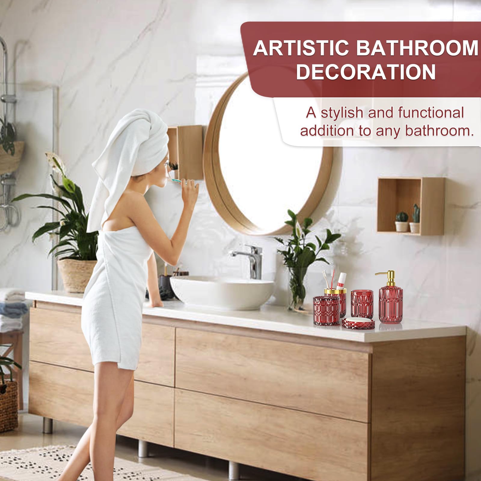 5Pcs Bathroom Accessories Set, Glass Soap Dispenser Set With Rust Proof Stainless Steel Pump, Soap Holder, Toothbrush Holder, Tu