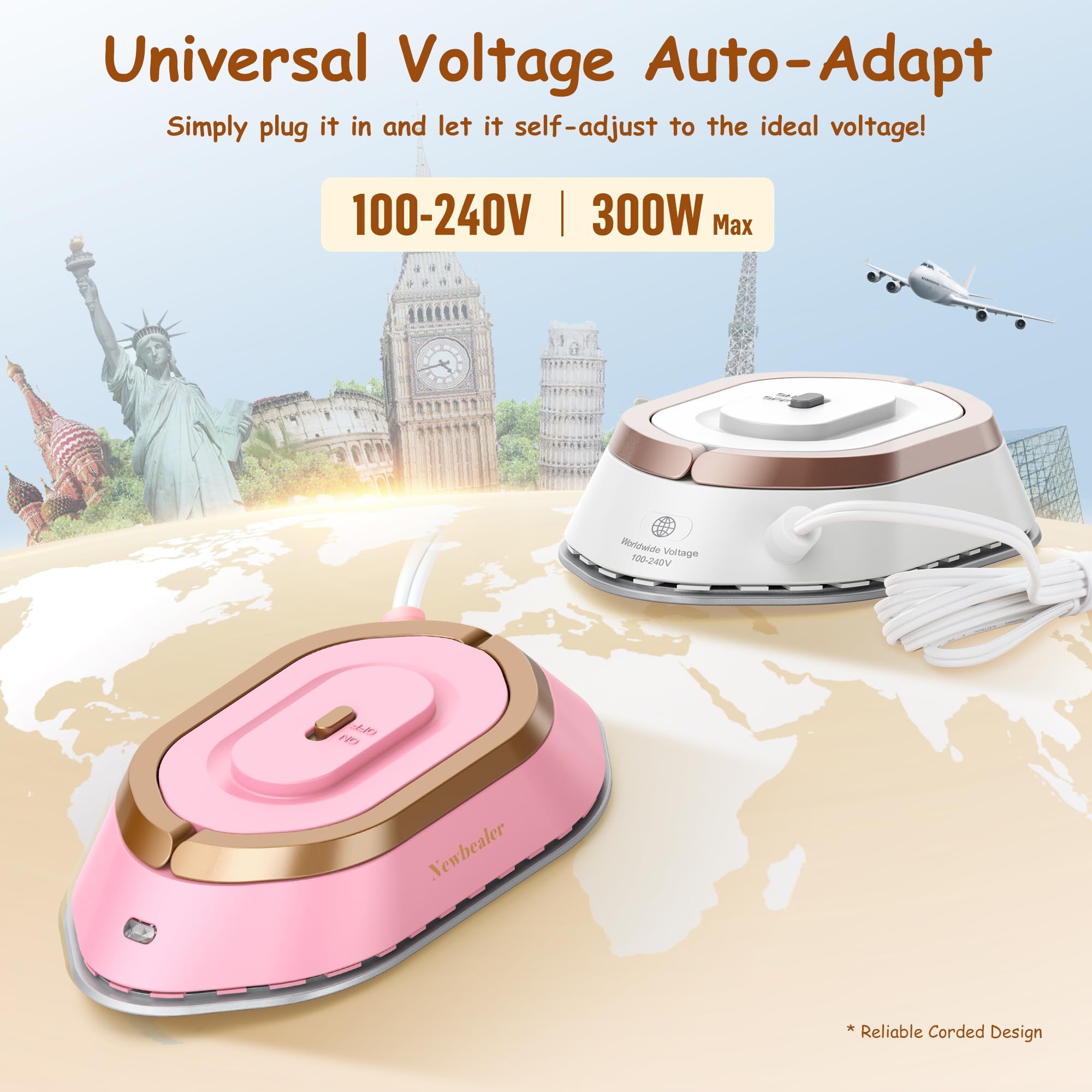 Newbealer Travel Iron with Global Voltage, 100-240V Mini Dry Iron for Clothes (No Steam), Max 300W, 60s Heat Up, 302? Non-Stick