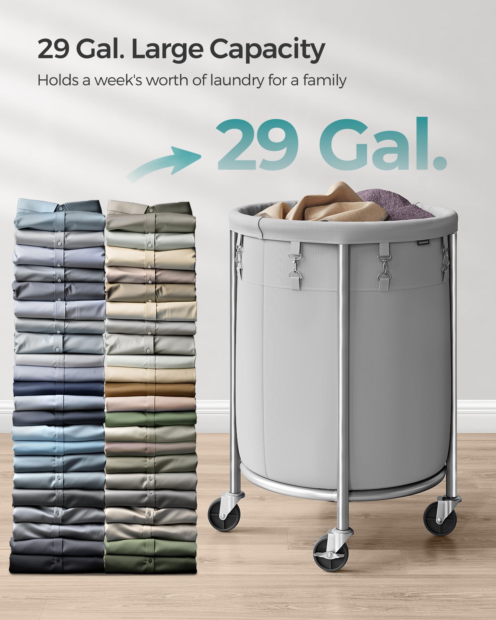 Songmics Laundry Basket With Wheels, Rolling Laundry Hamper, 29 Gal., Round Laundry Cart With Steel Frame And Removable Bag, 4 C