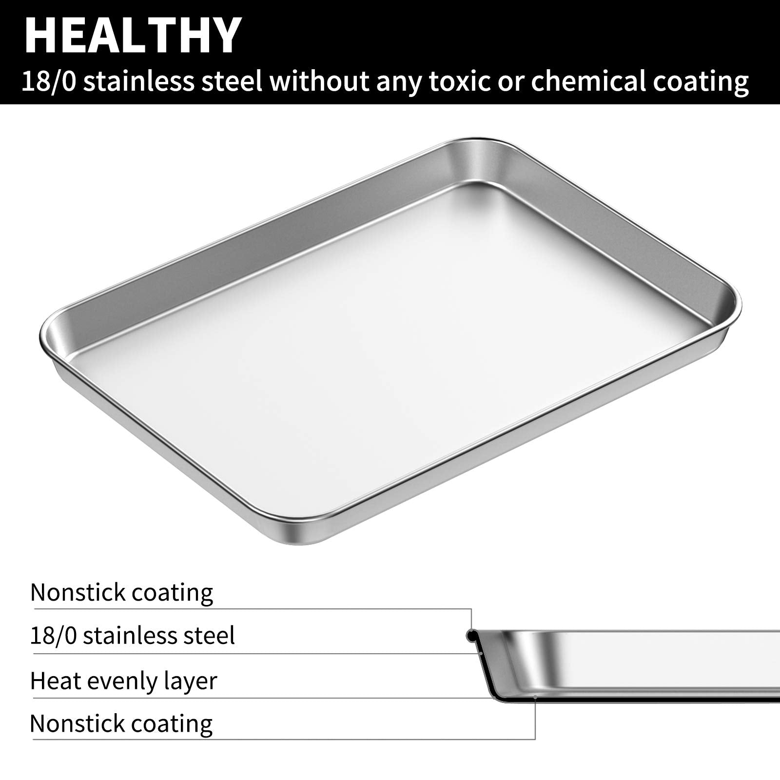 Bastwe Baking Sheet Set Of 2, Stainless Steel 2-Piece Cookie Sheet, Toaster Oven Baking Pan Set, Rectangle Size 16 X 12 X 1 Inch