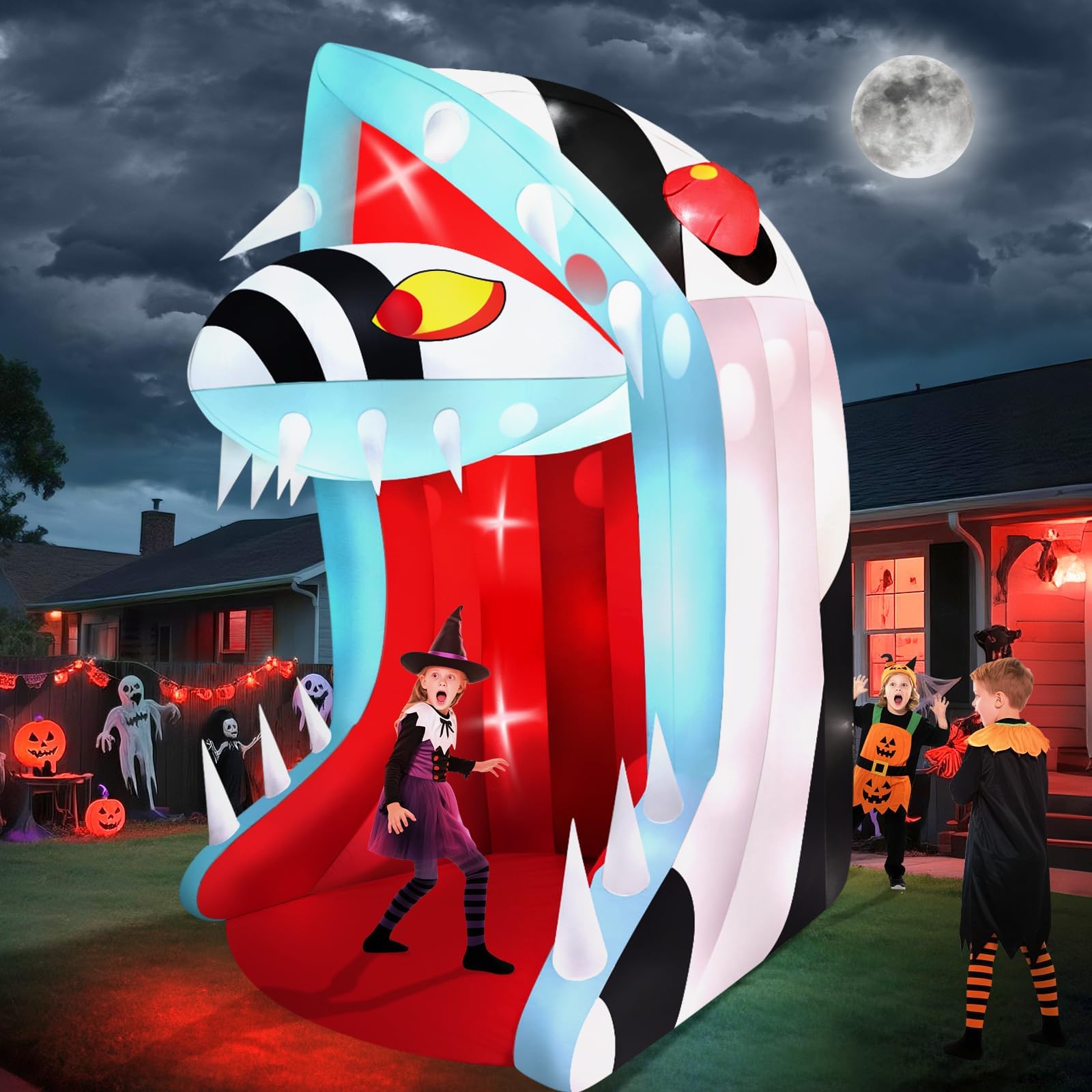 10FT Halloween Inflatable Snake Head with LED Light, Kalolary Halloween Outdoor Decoration with Open Mouth and Sharp Teeth, Hall