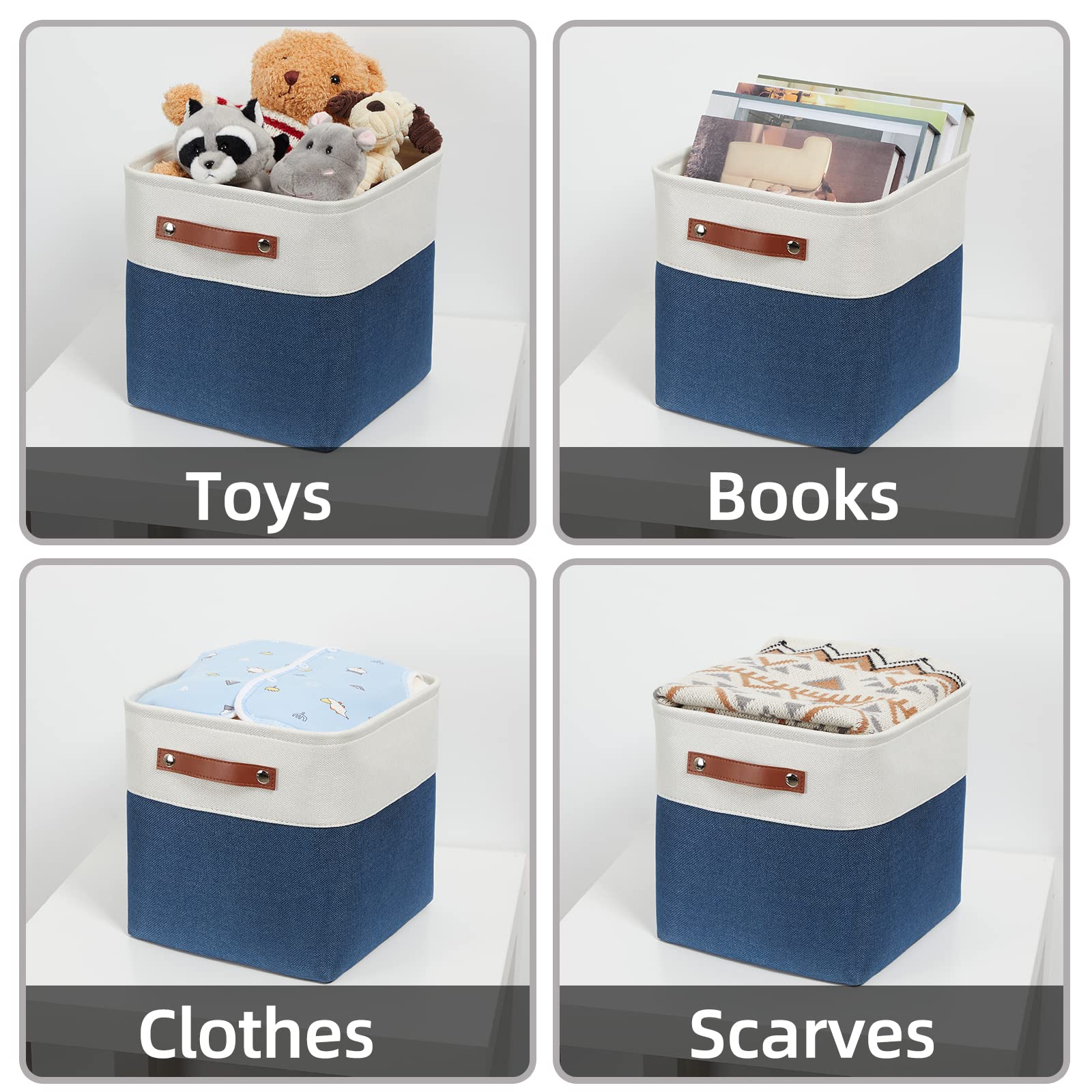 HNZIGE Fabric Cube Storage Bins Basket for Shelves Set of 4  Fabric Storage Cubes Baskets Closet Storage Bins for Cube with Handles  Cubby Storage Bins for Organizing Home Office (White Blue)