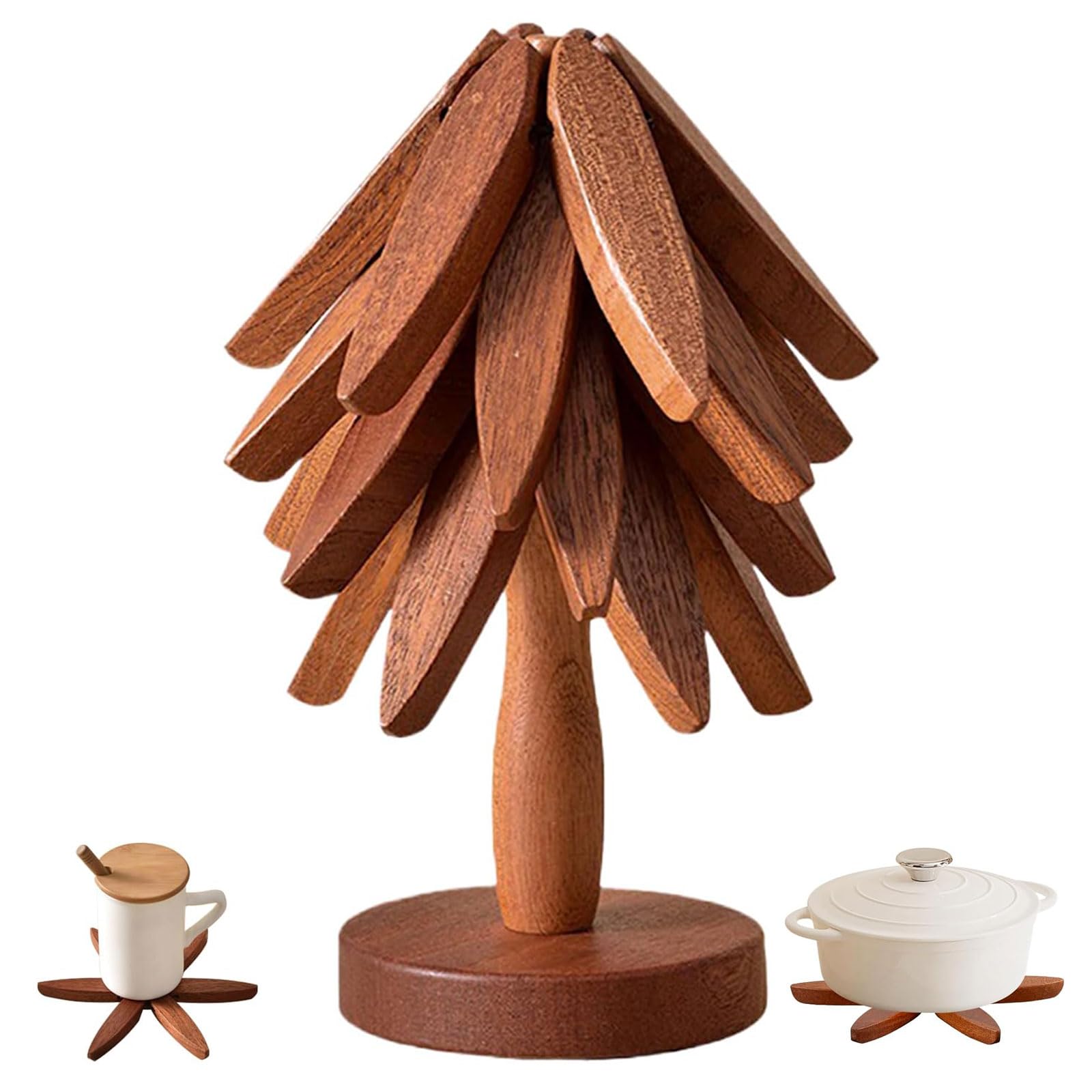 JILITSE Wooden Tree Trivets for Hot Dishes - Set of 4 with Stand, Natural Foldable Kitchen Trivets for Pots, Pans, Bowls & Teapo
