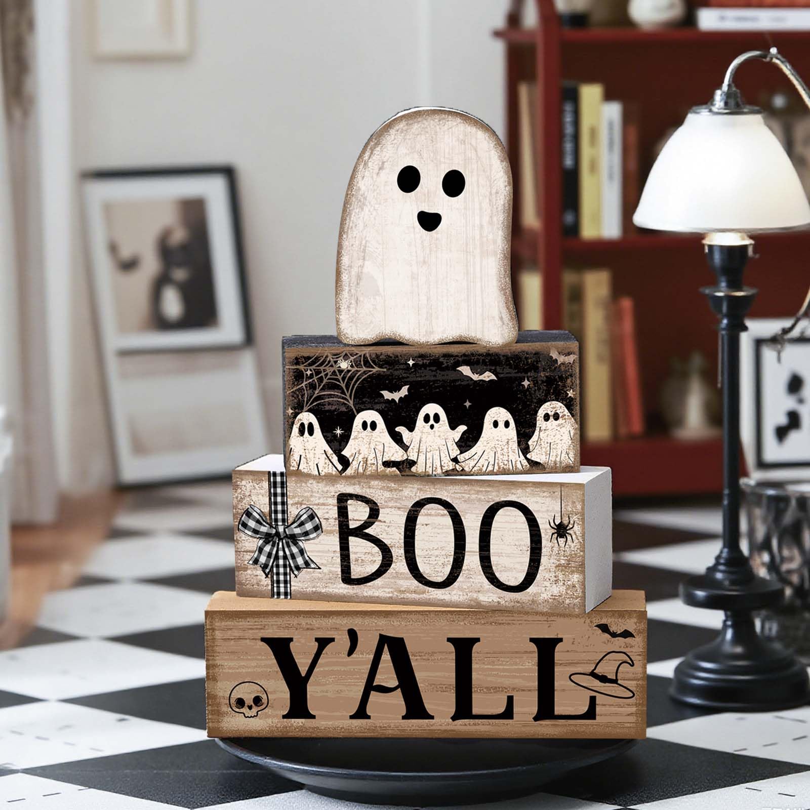 Lineshading 4 Pcs Halloween Table Decoration Wooden Ghost Tiered Tray Decoration Rustic Wood Ghost Block Signs Gift Halloween Ce