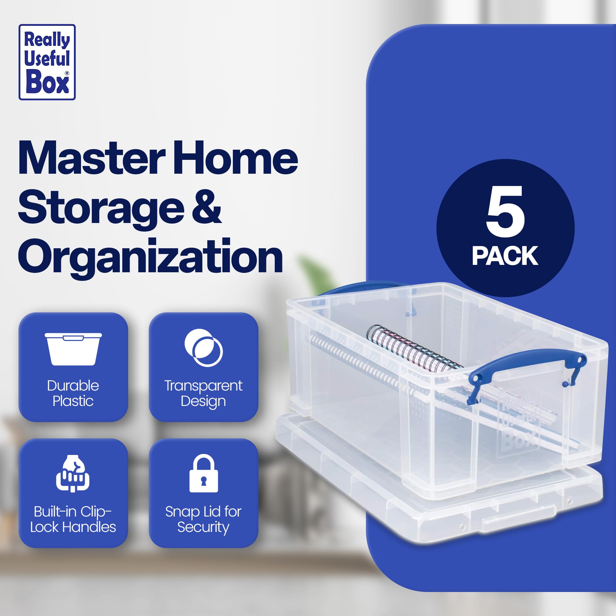 Really Useful Box Stackable 9 Liter Plastic Storage Container Bin With Snap Lid And Built-In Clip Lock Handles For Home & Office