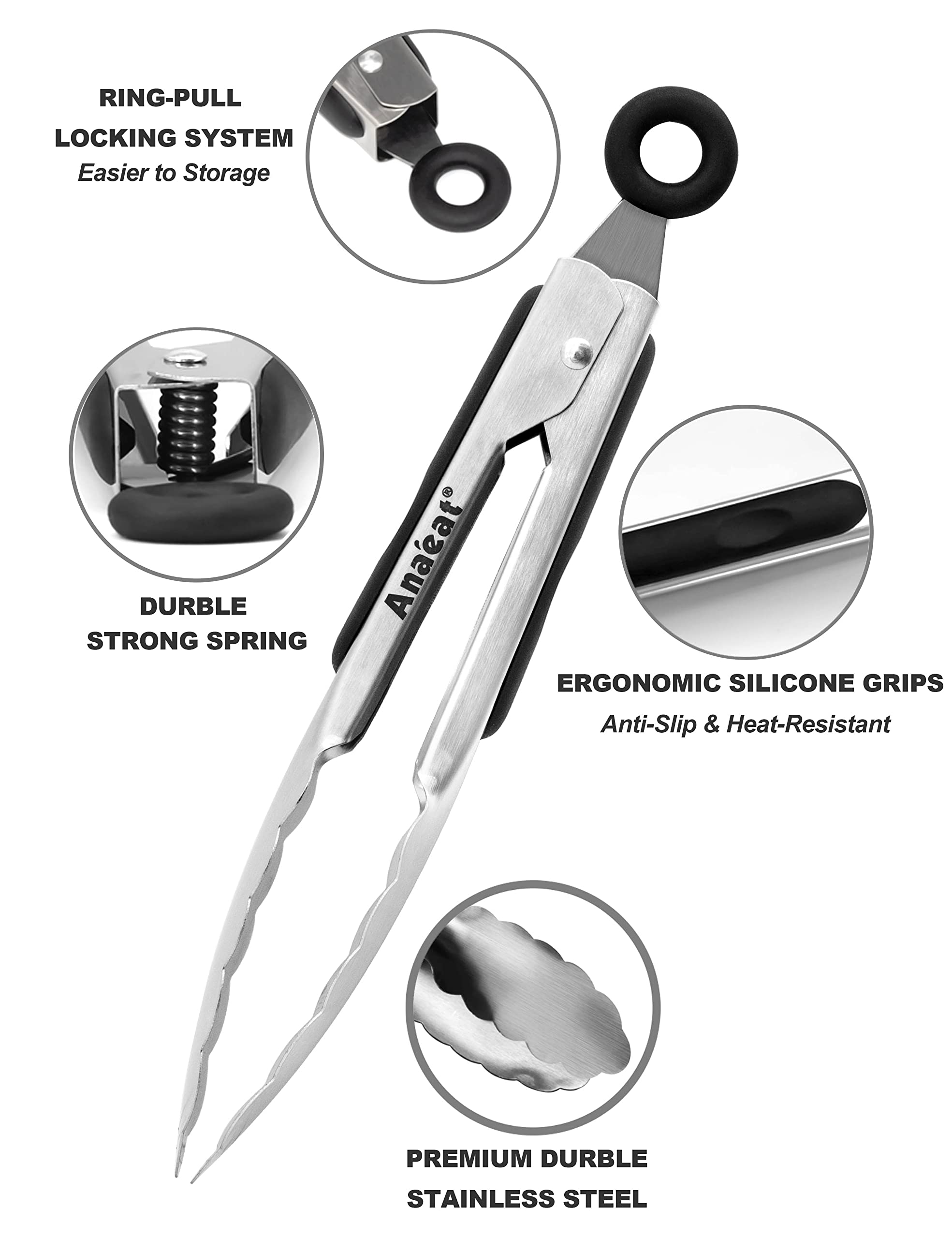 Anaeat Premium Kitchen Locking Tong Set Of 3 - Heavy Duty Stainless Steel Food Tongs With Long Handle & Non-Slip Silicone Grip F