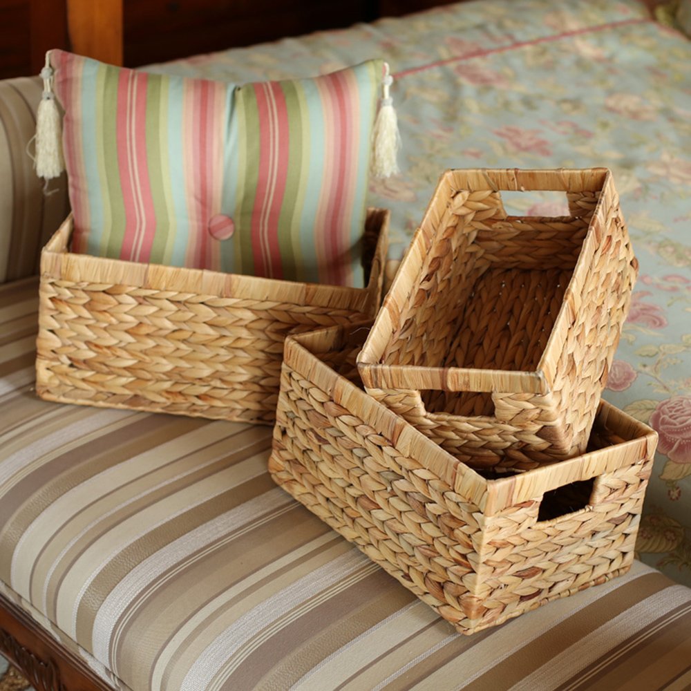 Storage Baskets,Woven Natural Water Hyacinth Box With Handle,Kingwillow.(Set Of 3)