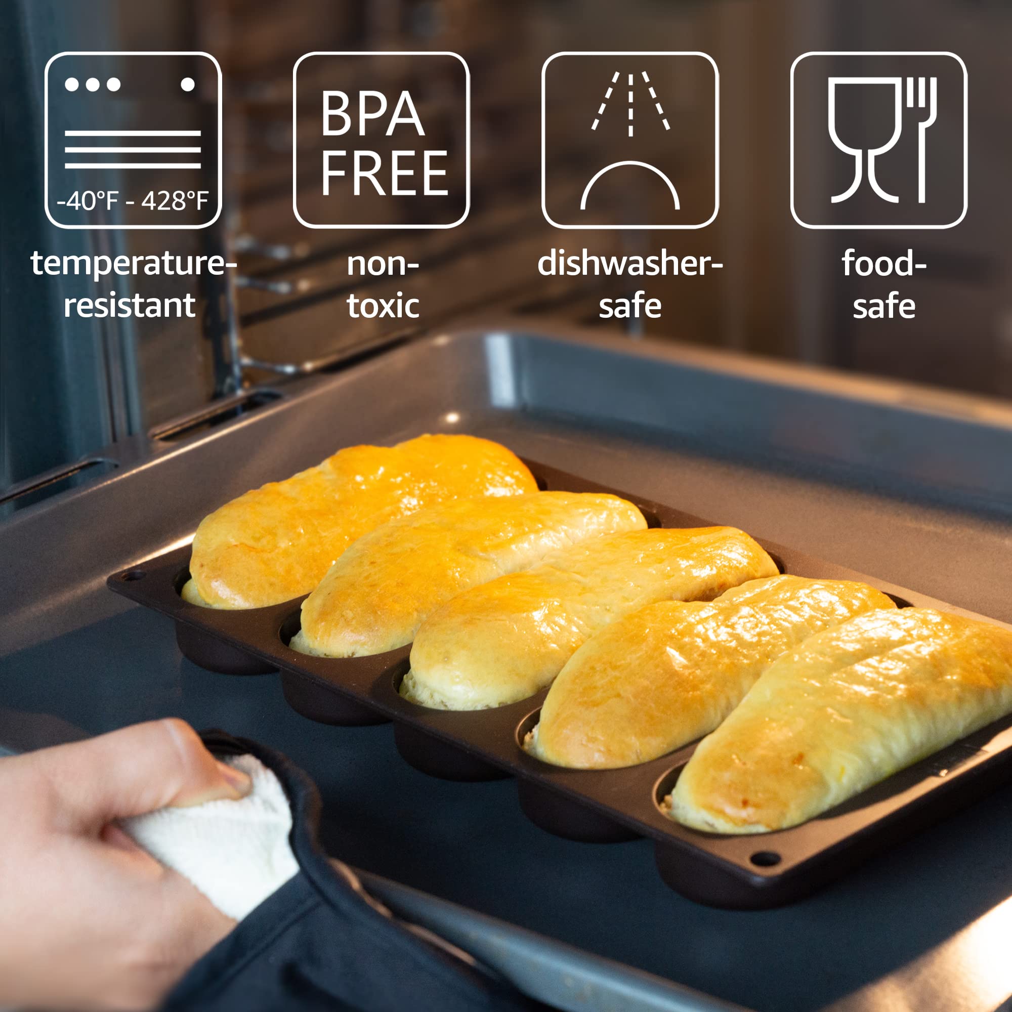 Lurch Germany Hot Dog Buns Mold | Silicone Non-Stick Flexiform Baking Pan | 6-Inch Hotdog Shaped Bread, Rolls, Cake And Eclair T
