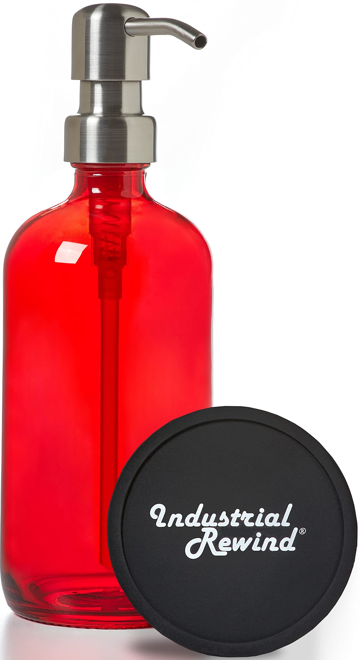 Red Soap Dispenser with Stainless Steel pump - 16oz Red Glass Dish Soap Dispenser with Non Slip Coaster and Top Protector