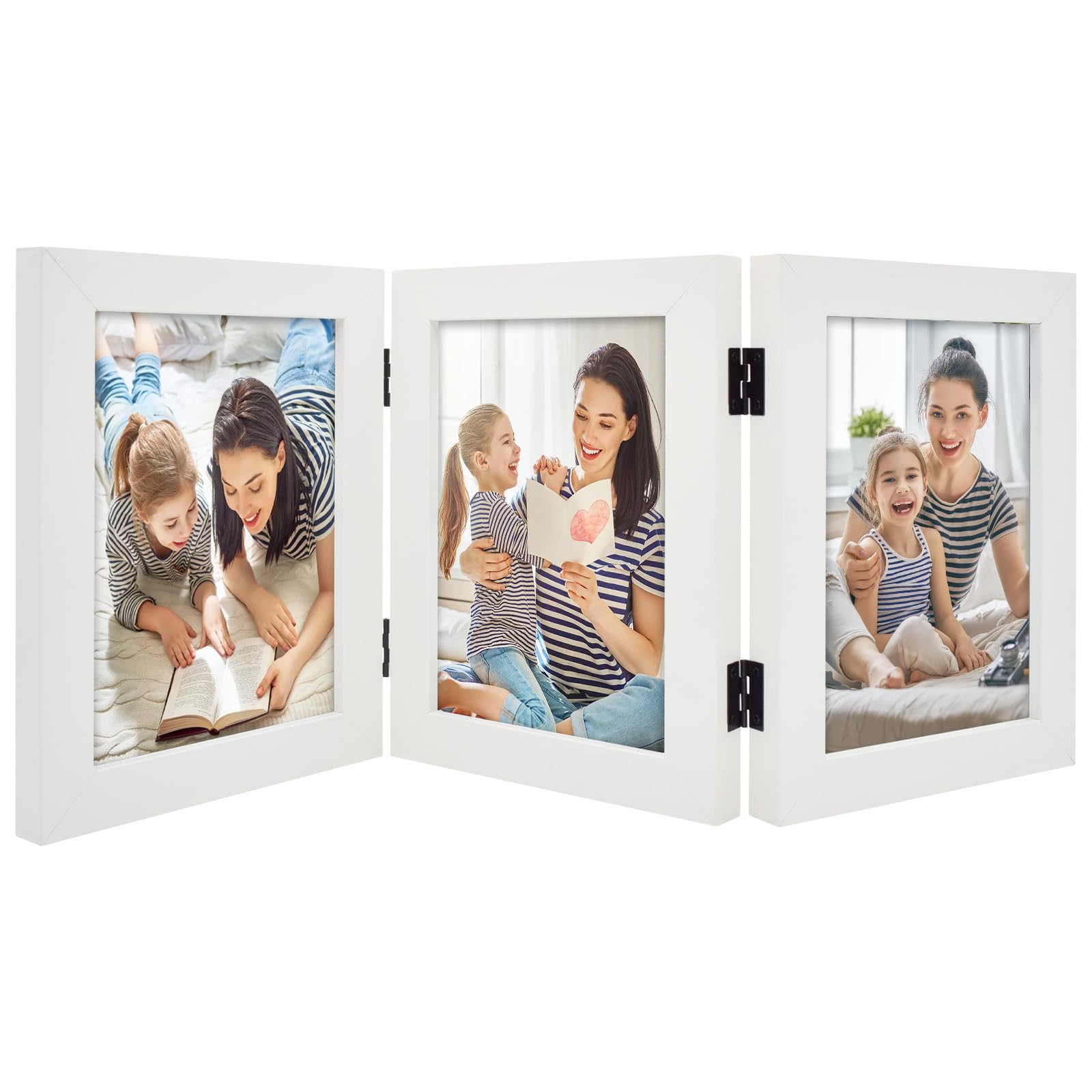 Golden State Art, 5x7 Triple Hinged Picture Frame, Three Photo Folding Frames, for Wedding Family Pictures Collage (White, Tripl