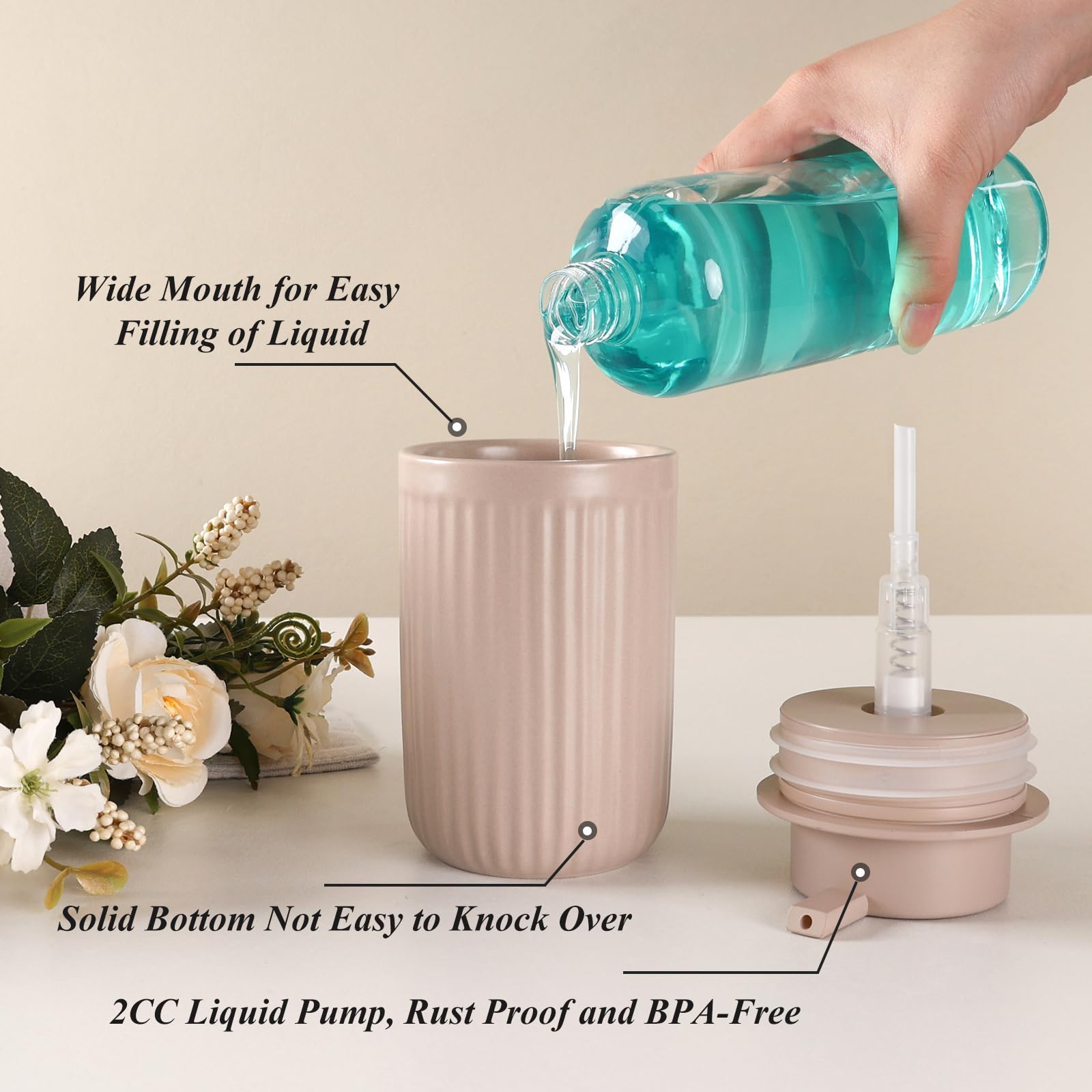 Bosilunlife Dish Hand Soap Dispenser - Khaki Liquid Pump Soap Dispenser For Bathroom Decro 12Oz Ceramic Kitchen Dish Dispenser W