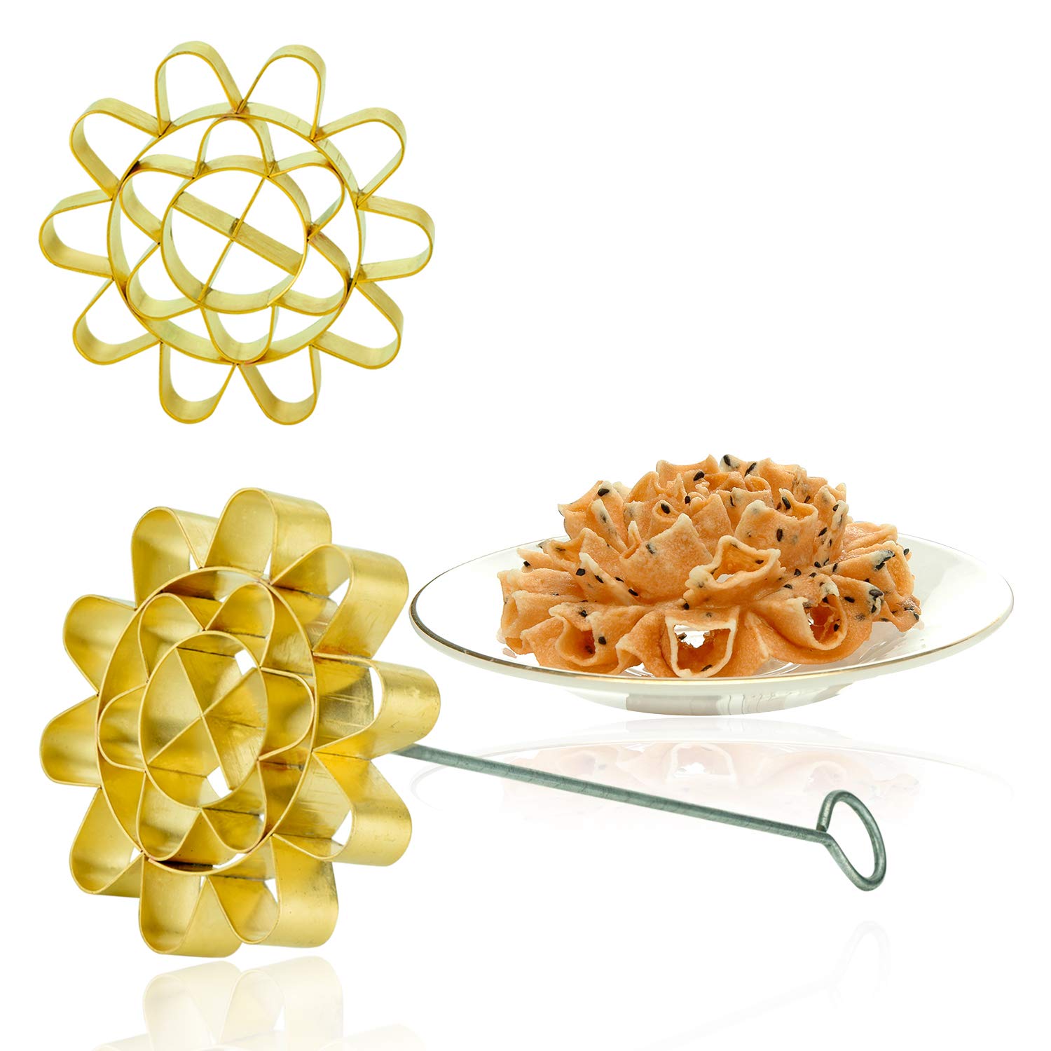 Ddpremium Dok Jok Brass Mold Thai Dessert Maker - Large Rosette Lotus Flower Cookie Mold With Handle Diameter 4.13 Inch