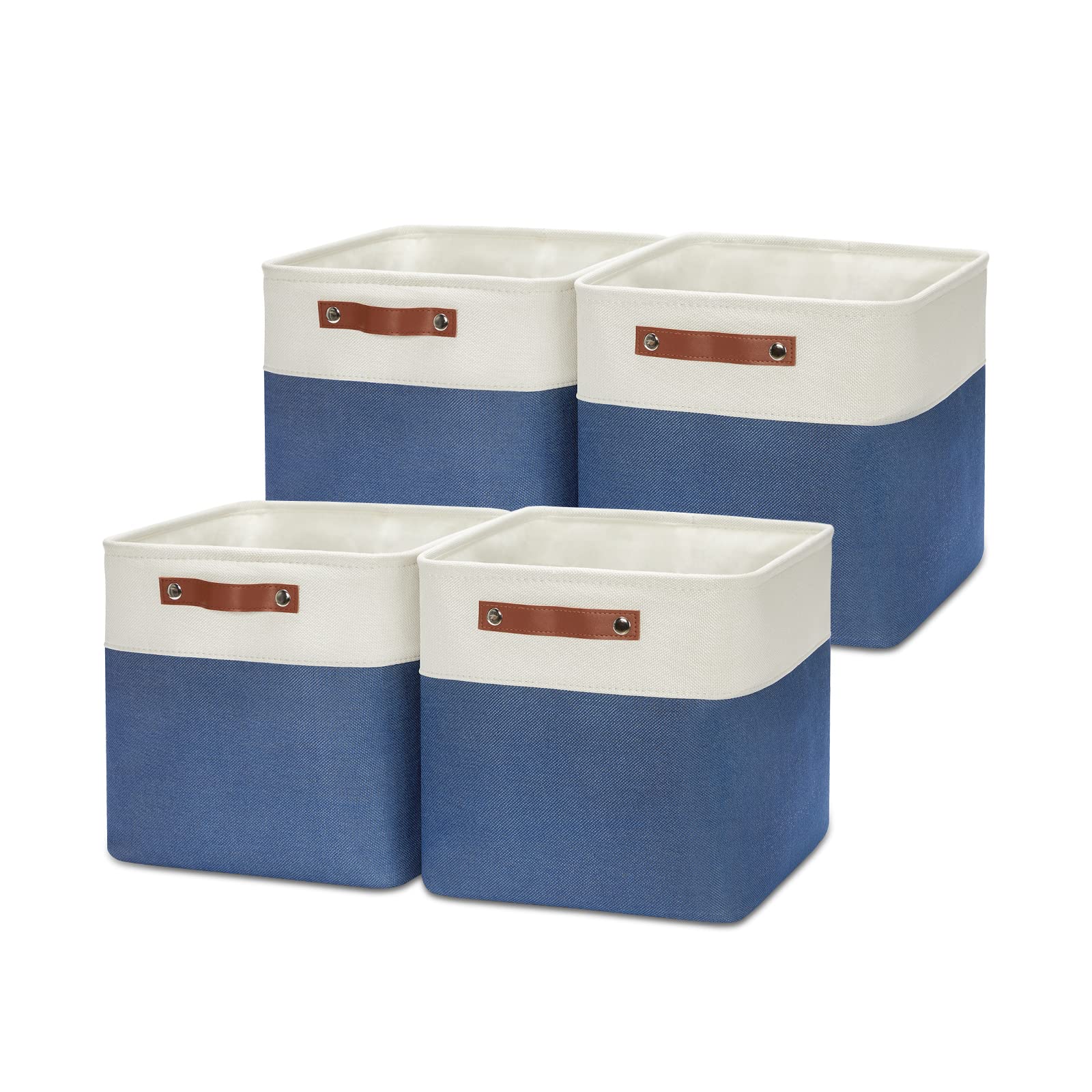 HNZIGE Fabric Storage Basket(4 Pack ) Linen Baskets for Organizing 12x12 Storage Bins for Shelves Towels Blankets Toys with Leather Handles(White&Blue)