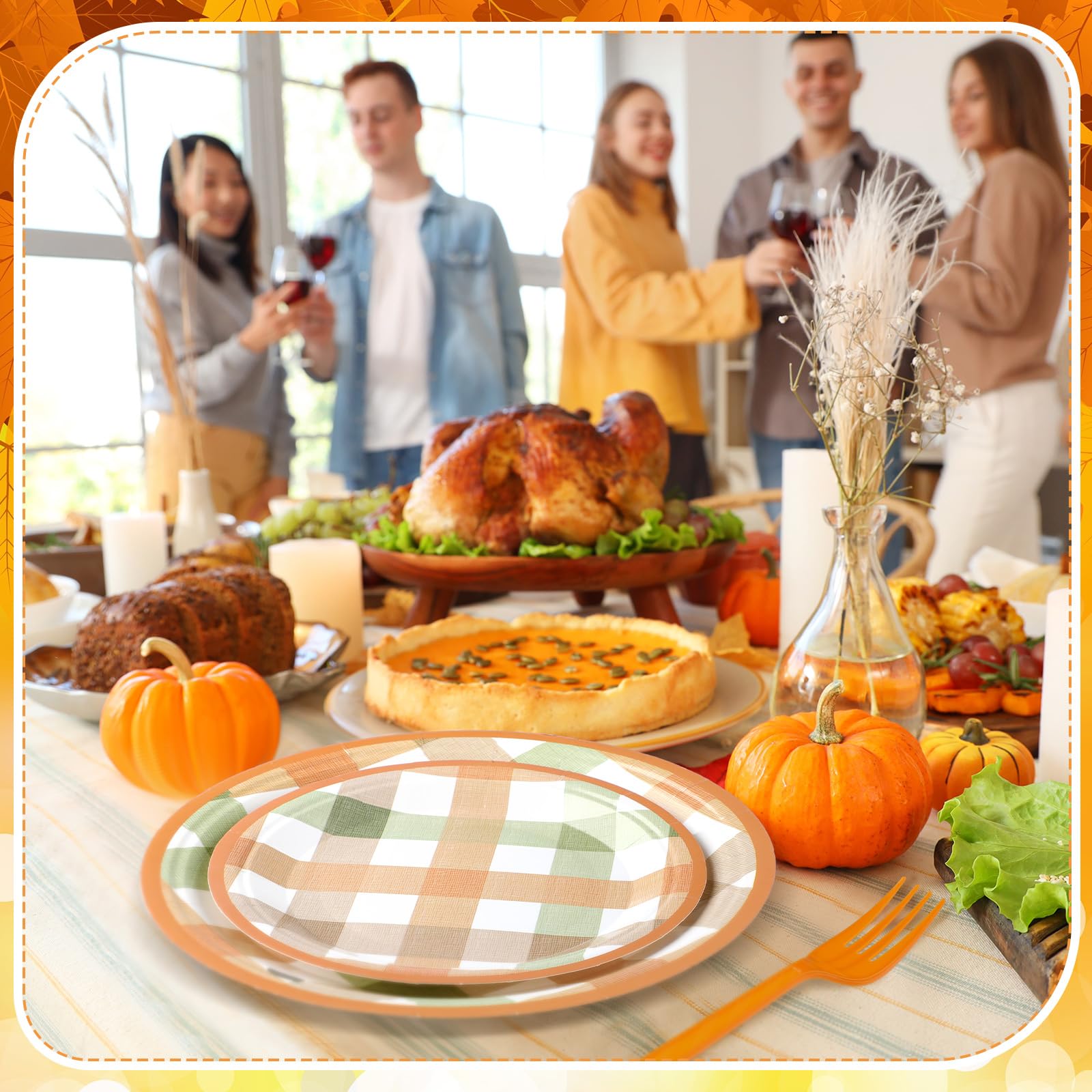 Honeydak 96 Pcs Fall Orange Plaid Party Supplies Thanksgiving Paper Plates and Napkins Fork Autumn Disposable Dinnerware Set Fal
