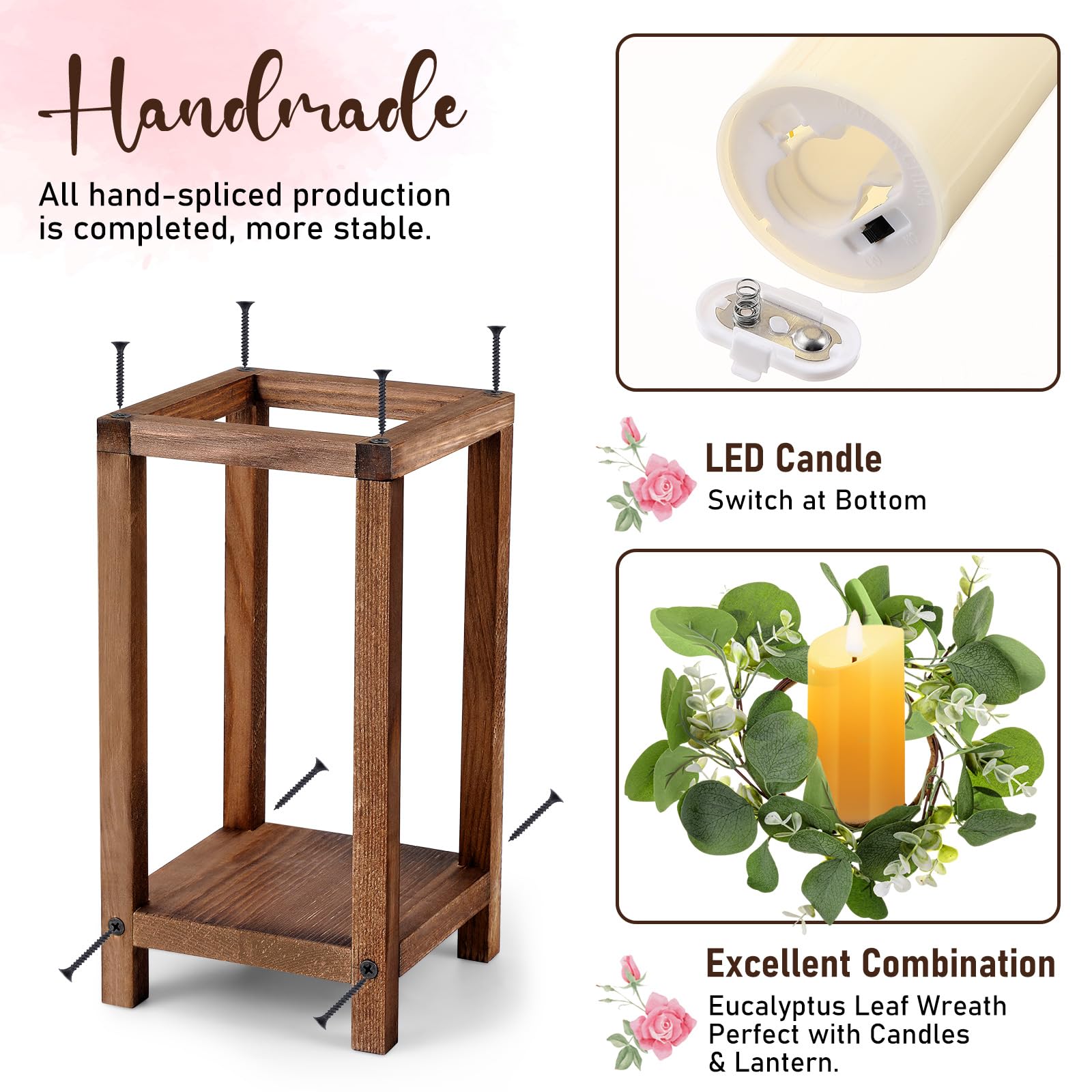 Geelin 12 Set 10.59  , 13   Brown Wooden Lanterns for Wedding Centerpieces Include 12 Wooden Lantern 12 LED Candle 12 Eucalyptus