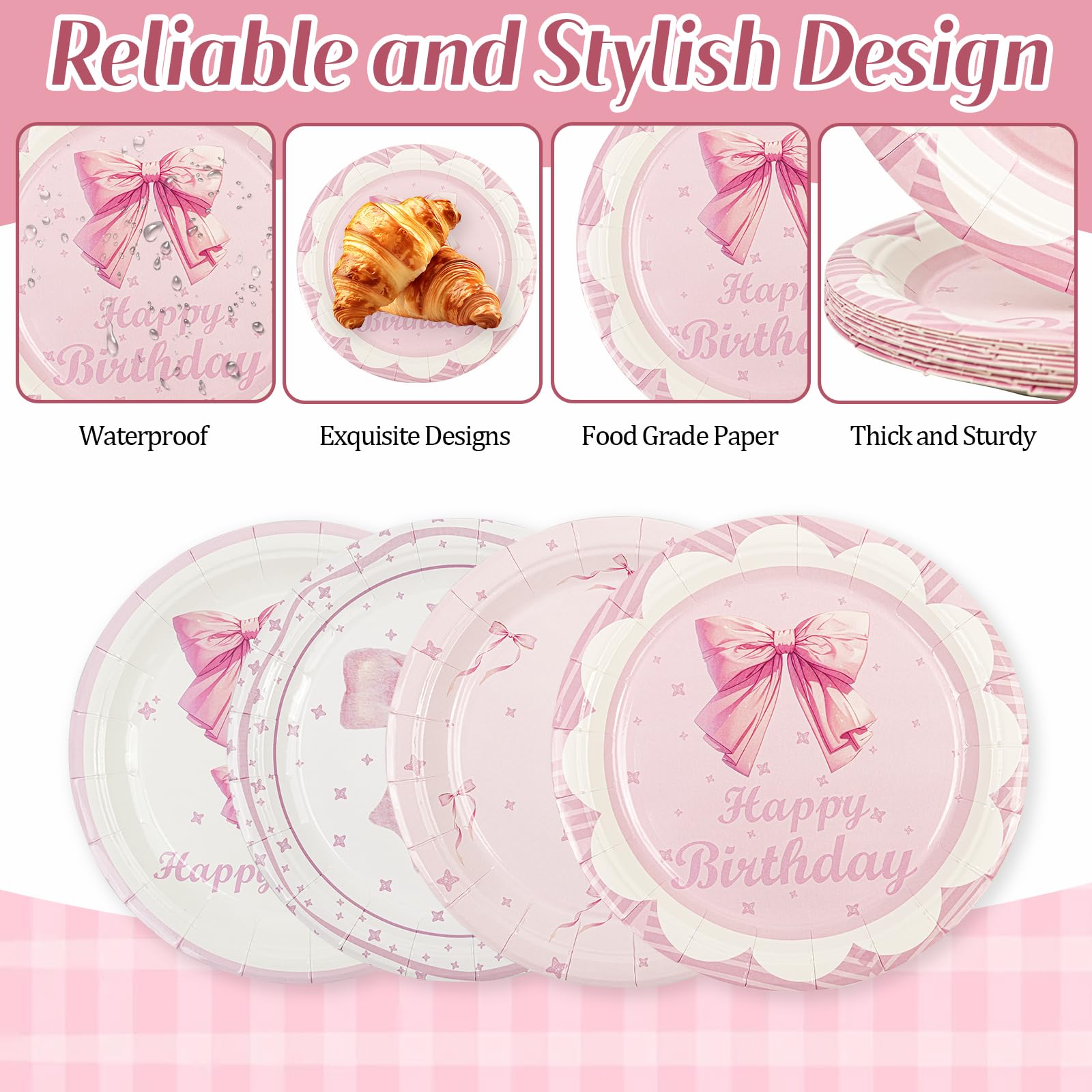 48Pcs Bow Plates, Pink Bow Birthday Plates 7 Inch Pink Disposable Paper Plates Coquette Cute Tableware Dinnerware Sets Girl Brid