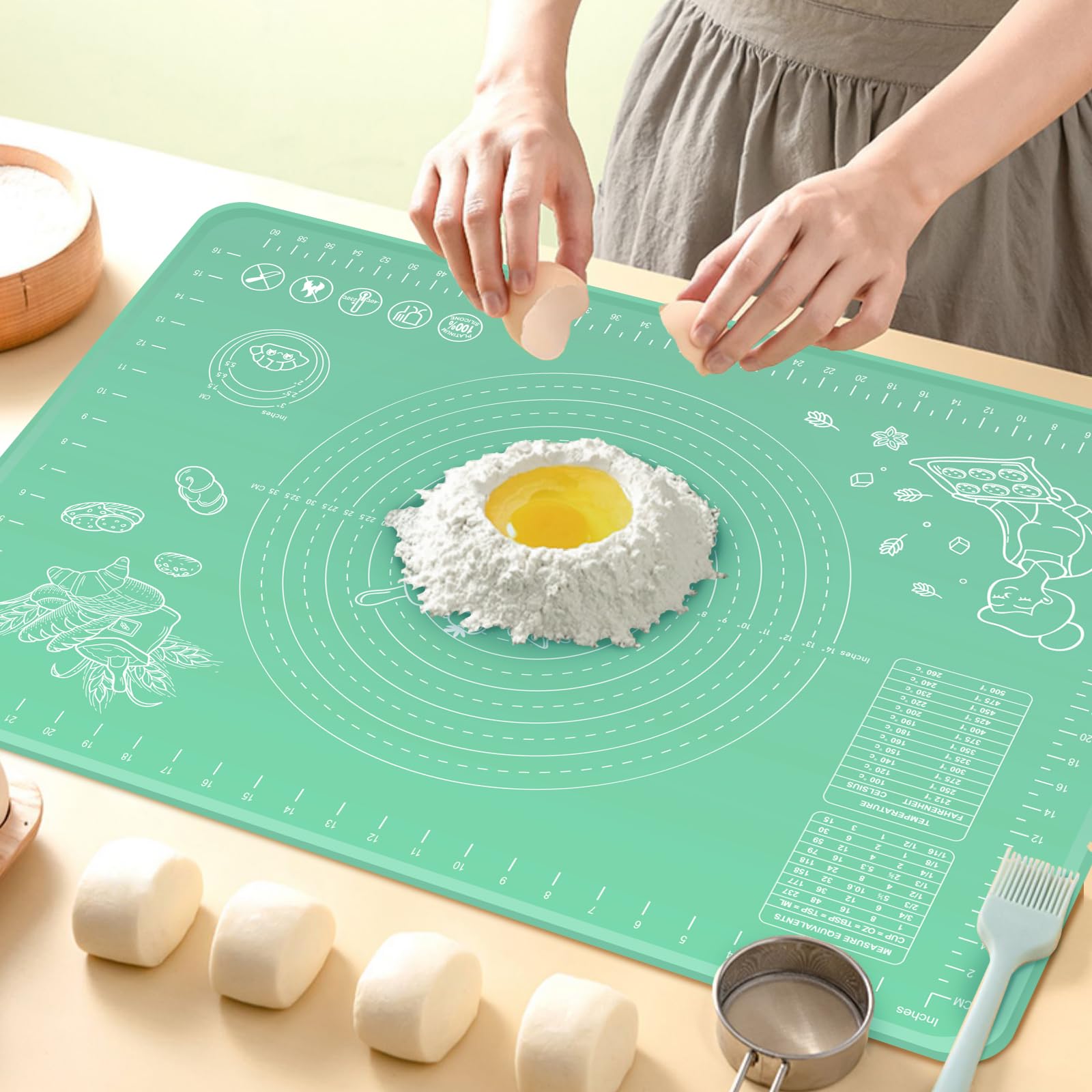 Silicone Pastry Mat 32 x 24 Extra Thick Non Stick Baking Mat with Measurements and Edge Heightening, Food Grade Silicone Rolling