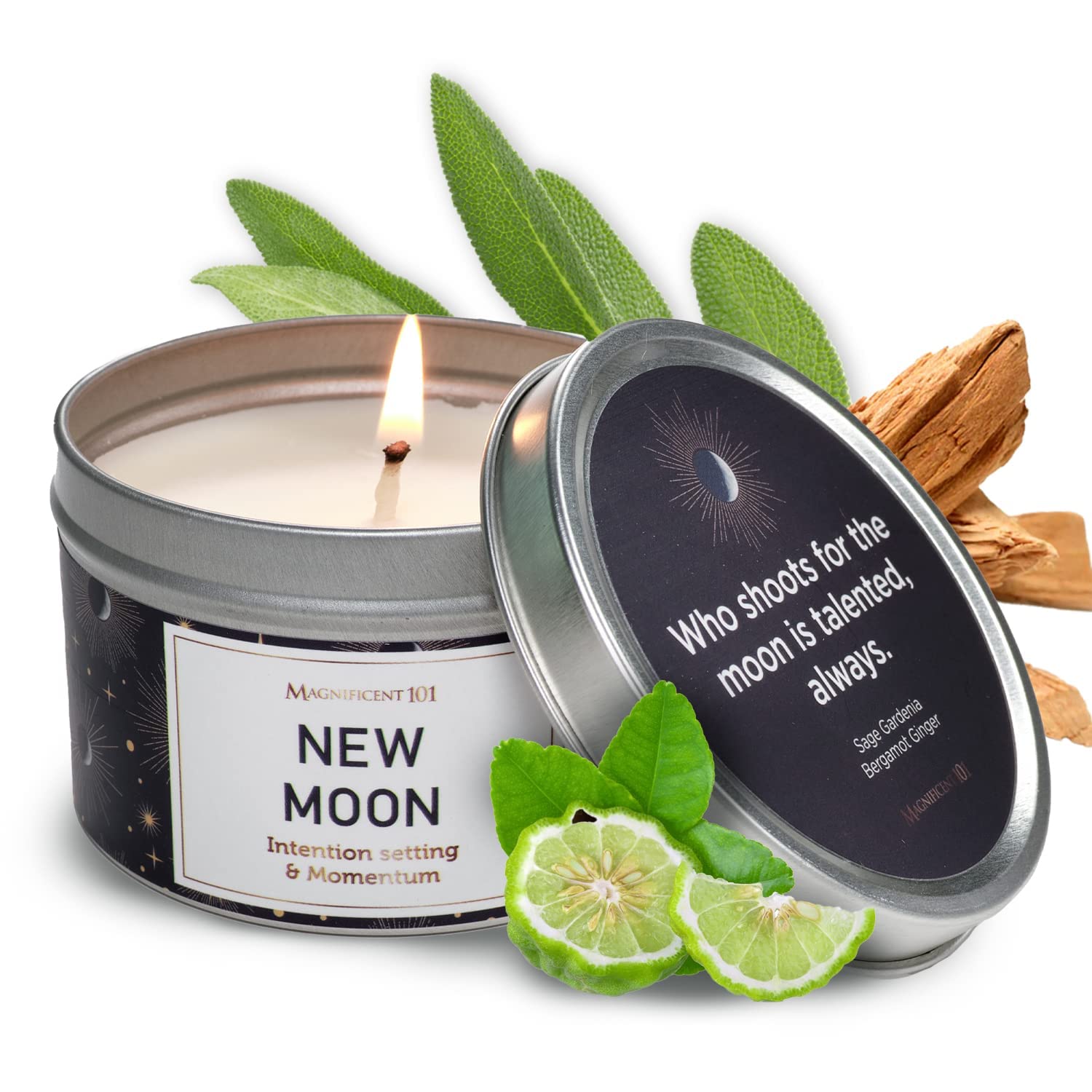 Magnificent 101 Long Lasting New Moon Aromatherapy Candle | 6 Oz - 35 Hour Burn Time | All Natural Soy Wax Candle with Sage, San