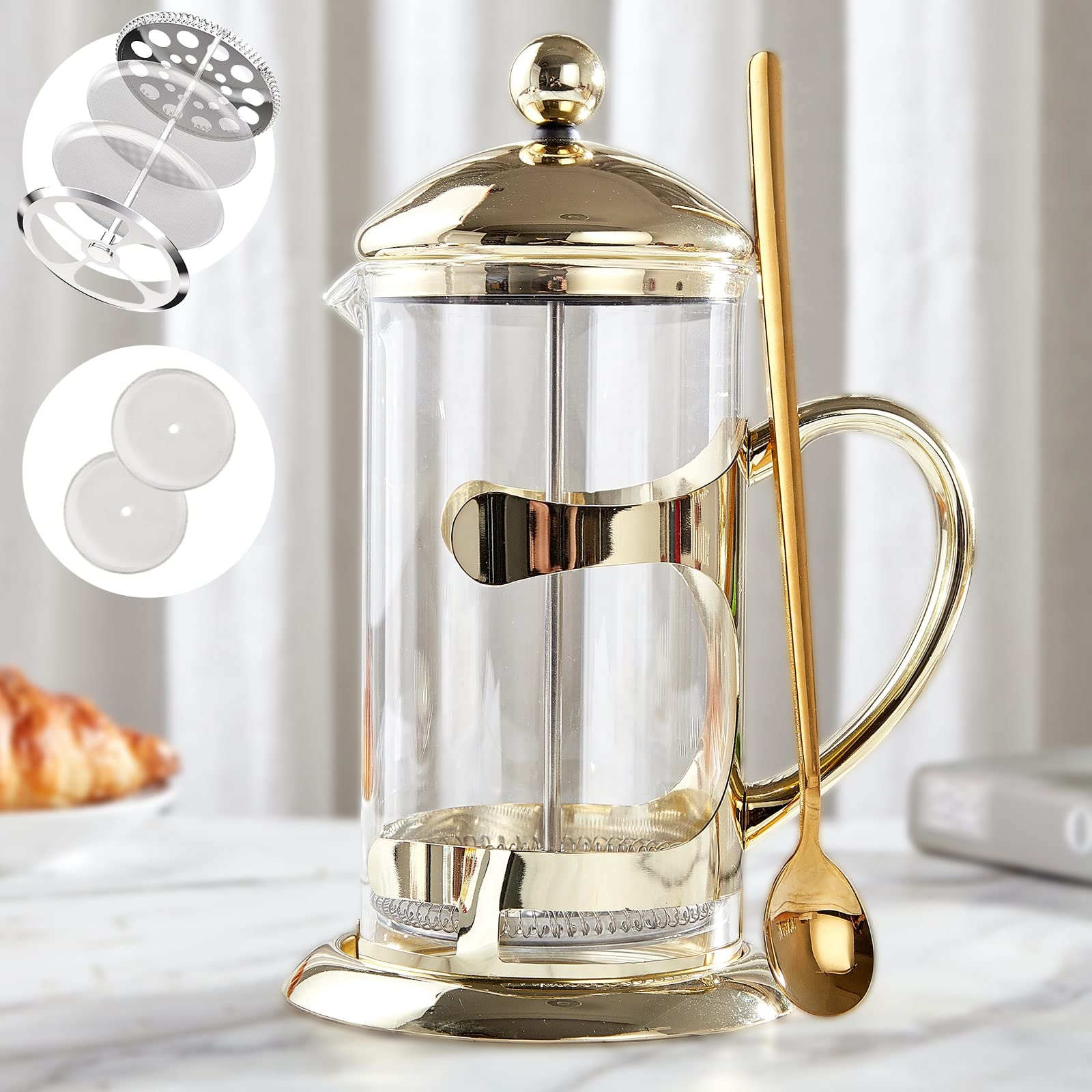 Dujust Gold French Press Coffee Maker, Luxury Design French Coffee Press With 4-Level Filter System, High-Grade Glass For Hot &