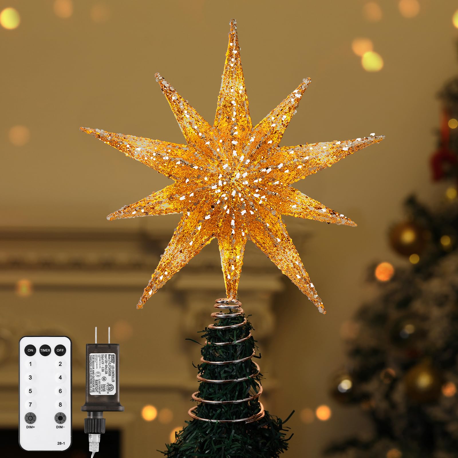 Lewondr Christmas Tree Topper Star, 13 Inch 10-Pointed Light Up Xmas Star Treetop with Plug and Remote Control for Home Christma