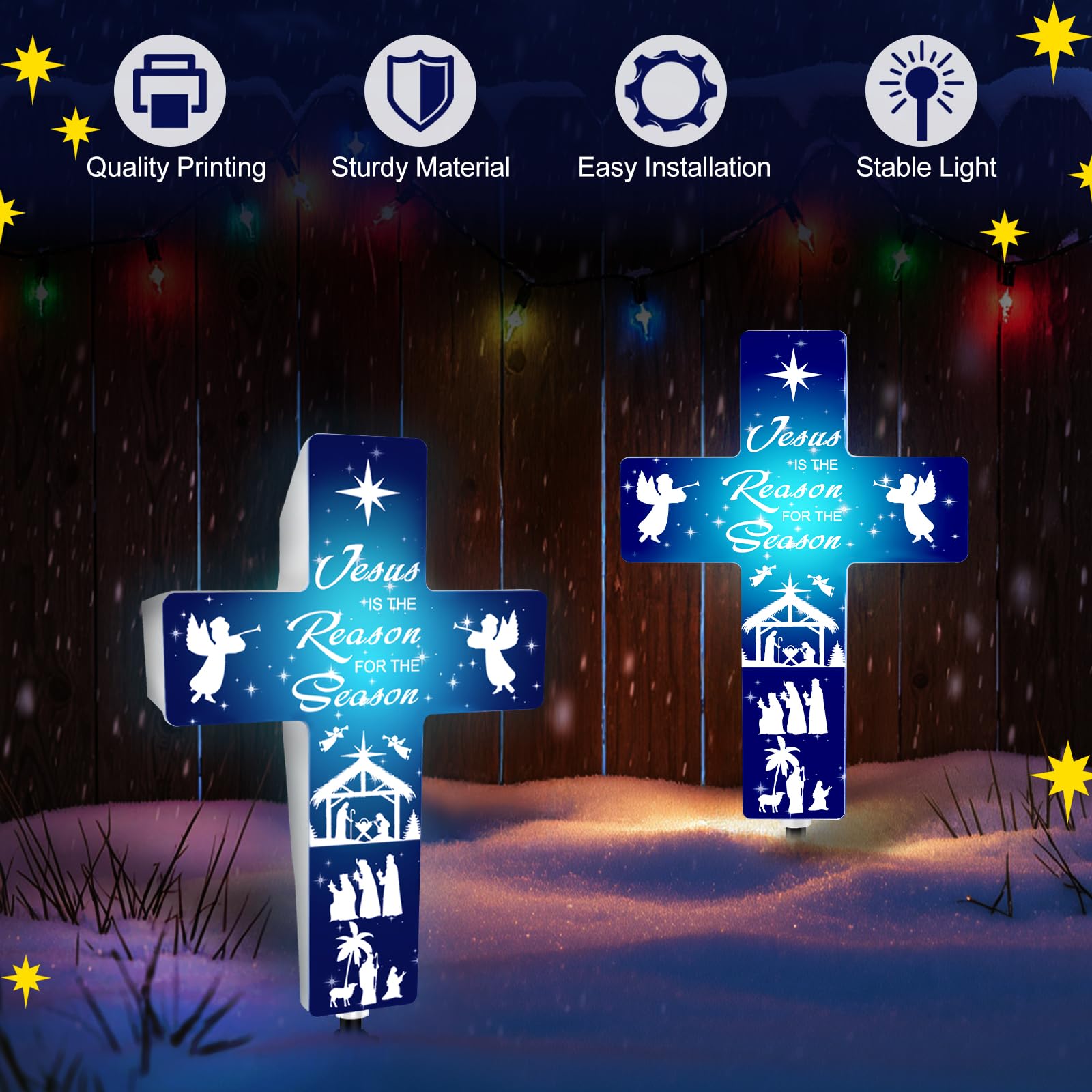 LawnIdyll Jesus is The Reason for The Season Solar Stake, Cross Shaped Nativity Scene Outdoor Decor Holy Night Lighted Religious