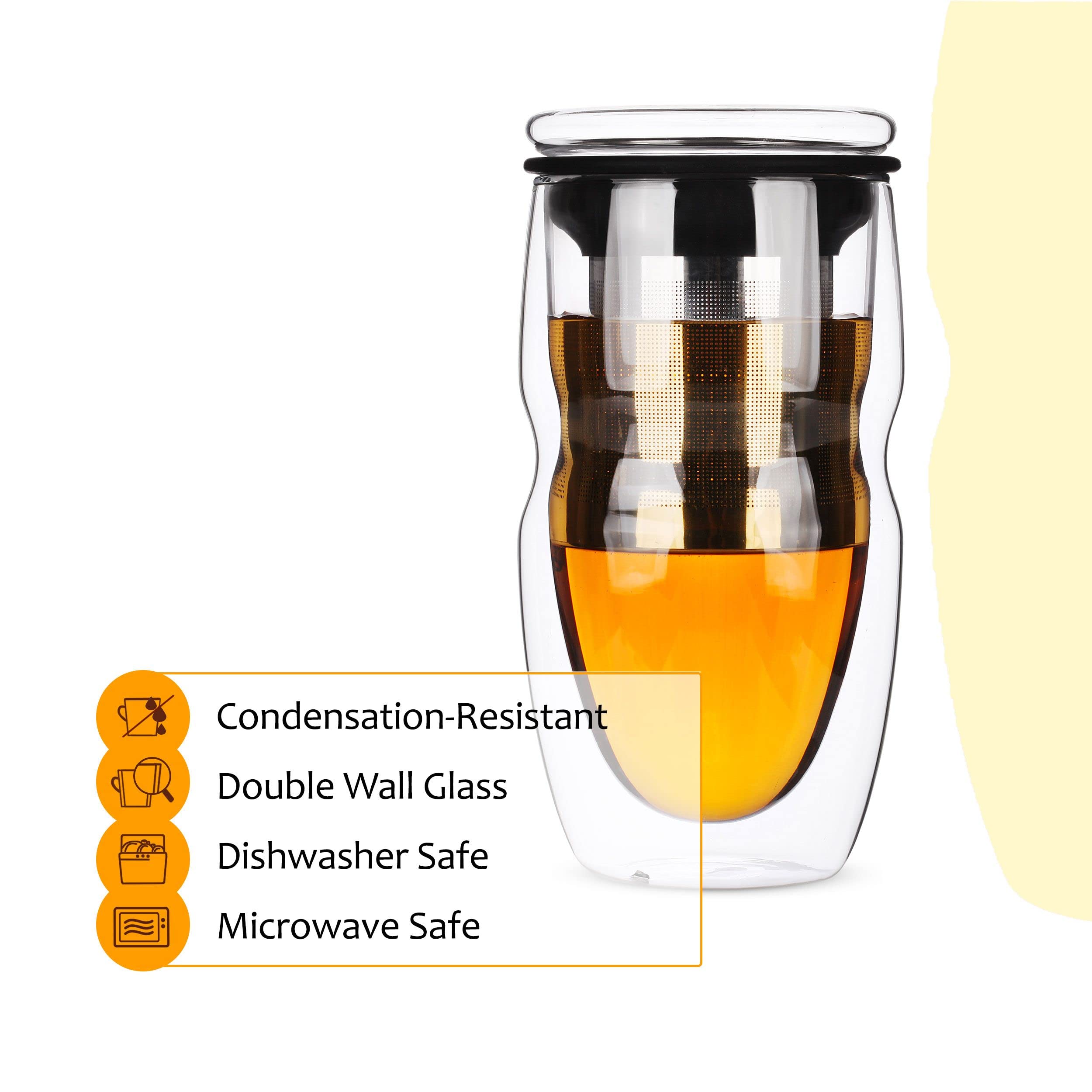 Btat- Double Wall Glass Tea Cup With Stainless Steel Infuser & Lid, 16Oz, 500Ml, Tea Cup With Lid, Tea Infuser Cup, Tea Cup With