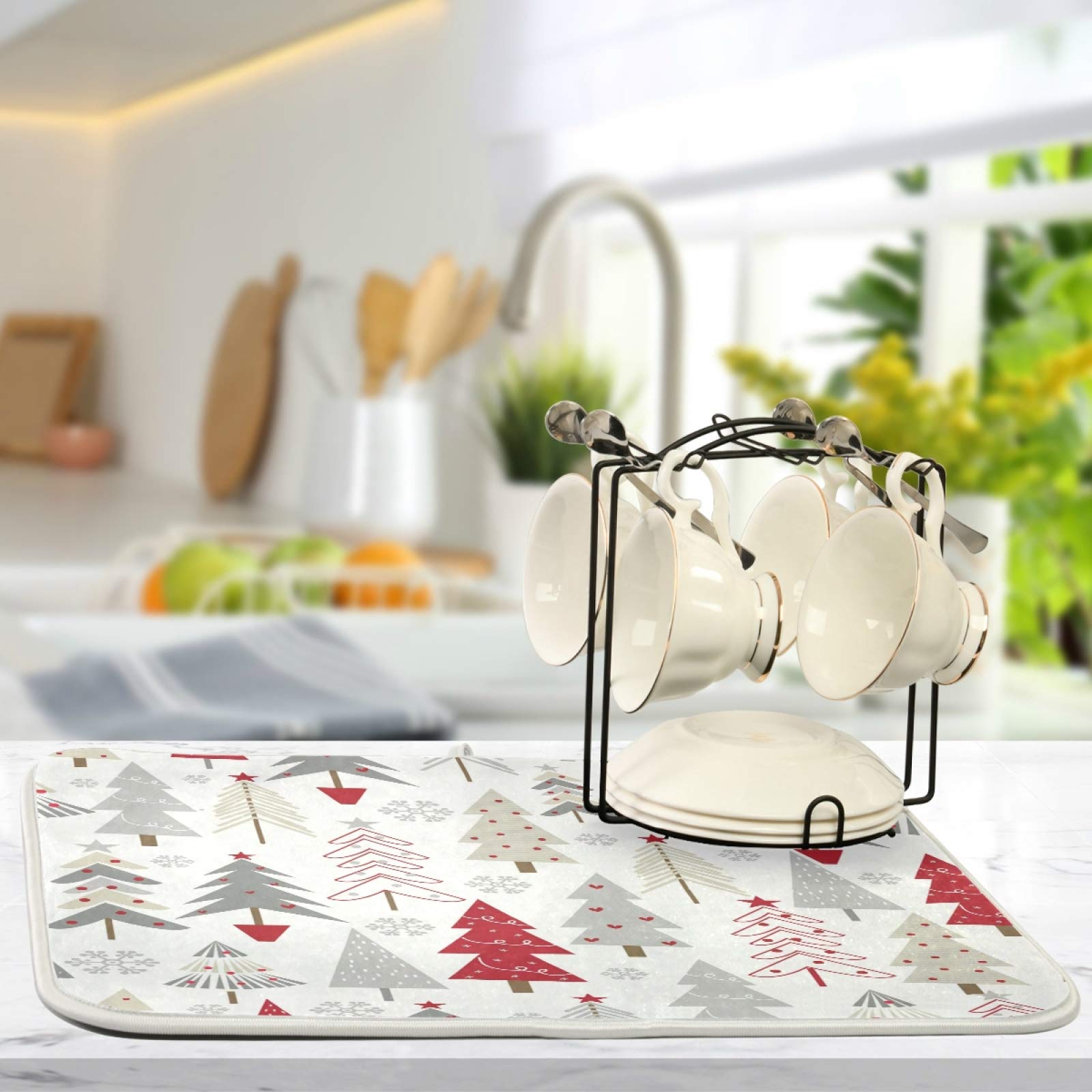 Nander Beautiful Christmas Tree Dish Drying Mat For Kitchen Counter, Absorbent Reversible Dish Draining Mat,Rack Pad For Counter