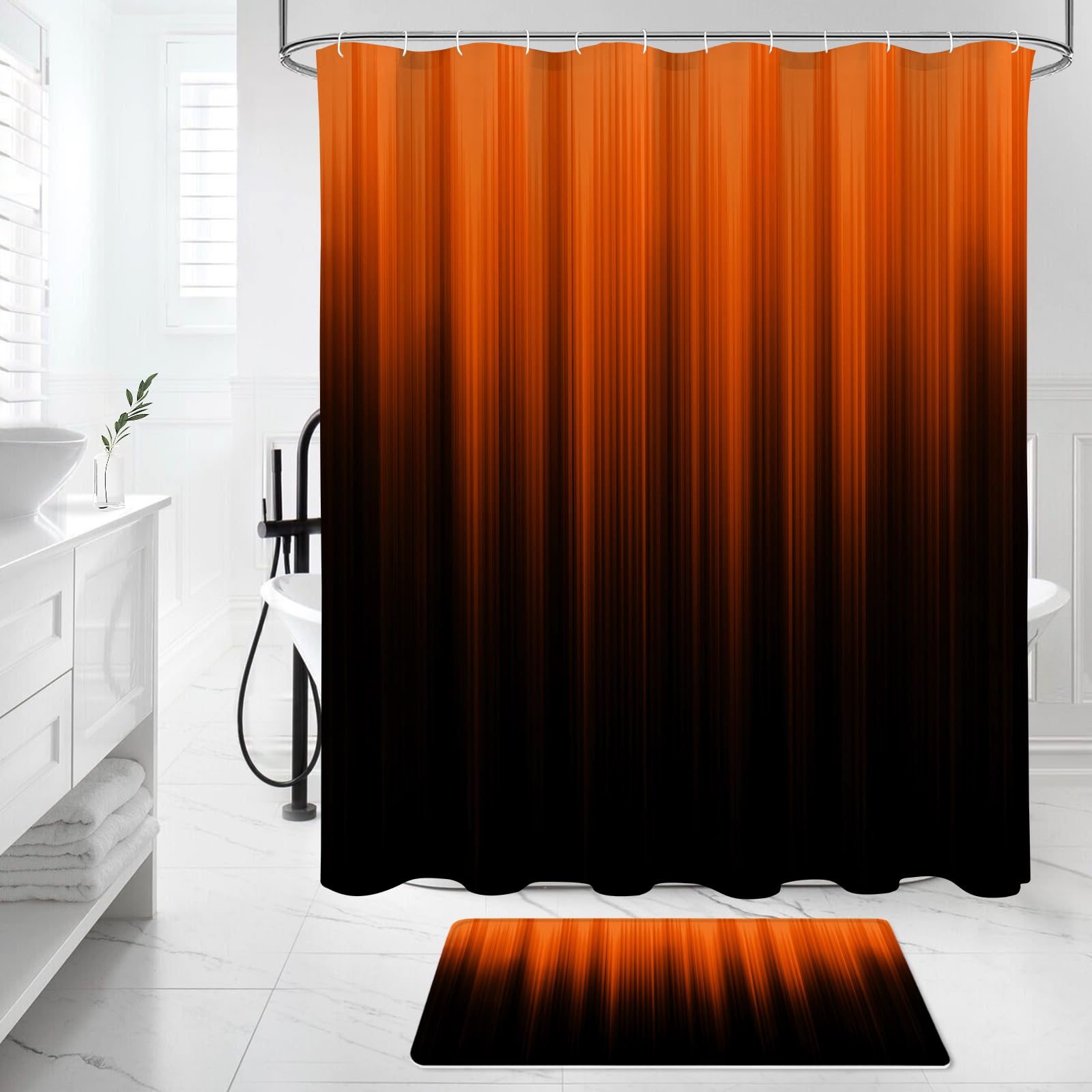Litabel 4 Pcs Orange And Black Gradient Shower Curtain Set With Rugs And Toilet Lid Cover, Modern Simple Waterproof Fabric Bathr